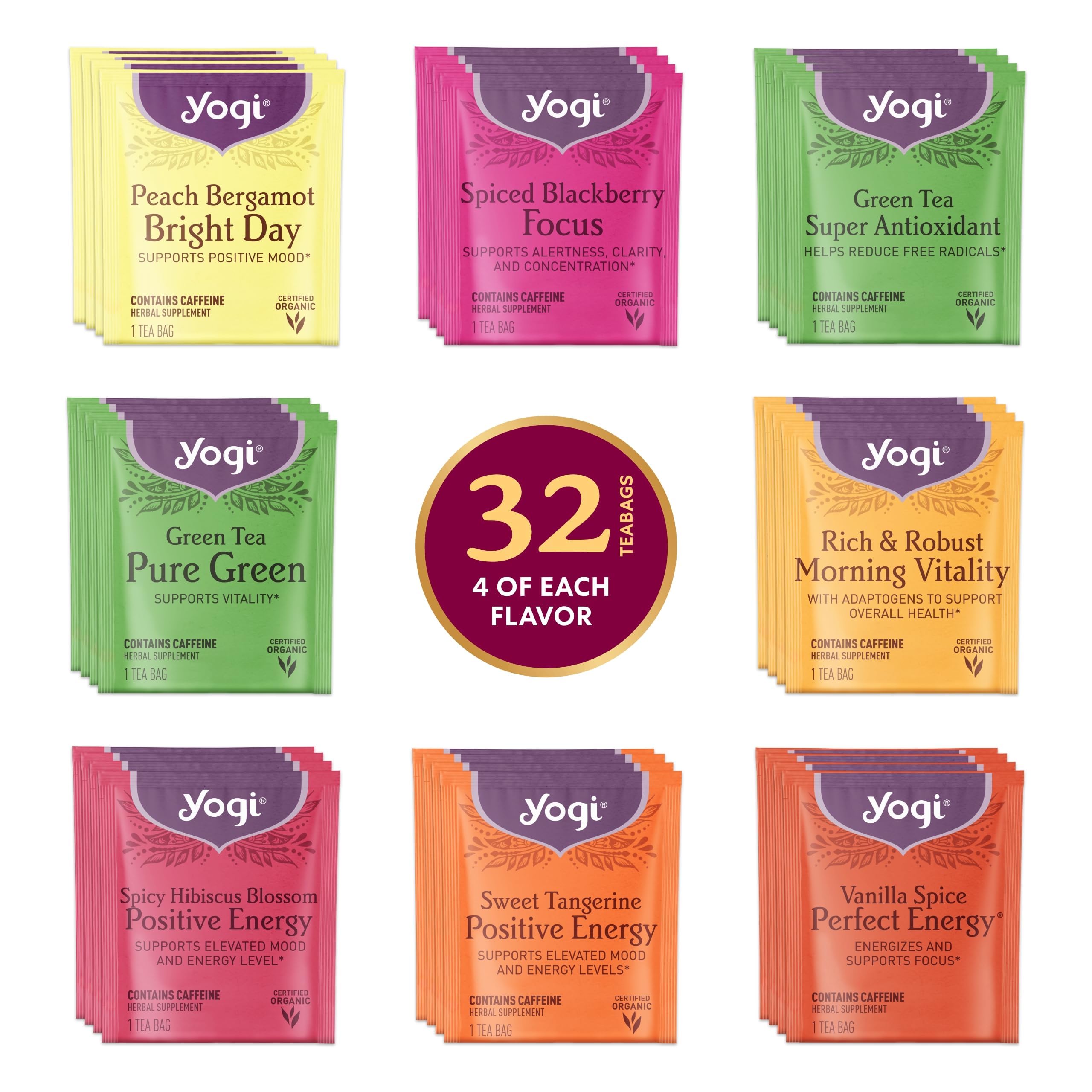 Yogi Organic Tea Energy Sampler Box - 8 Favorite Black & Green Teas (32 Tea Bags) - Assorted Delicious Wellness Teas - Contains Caffeine - Tea Gift Set & Variety Pack Sampler