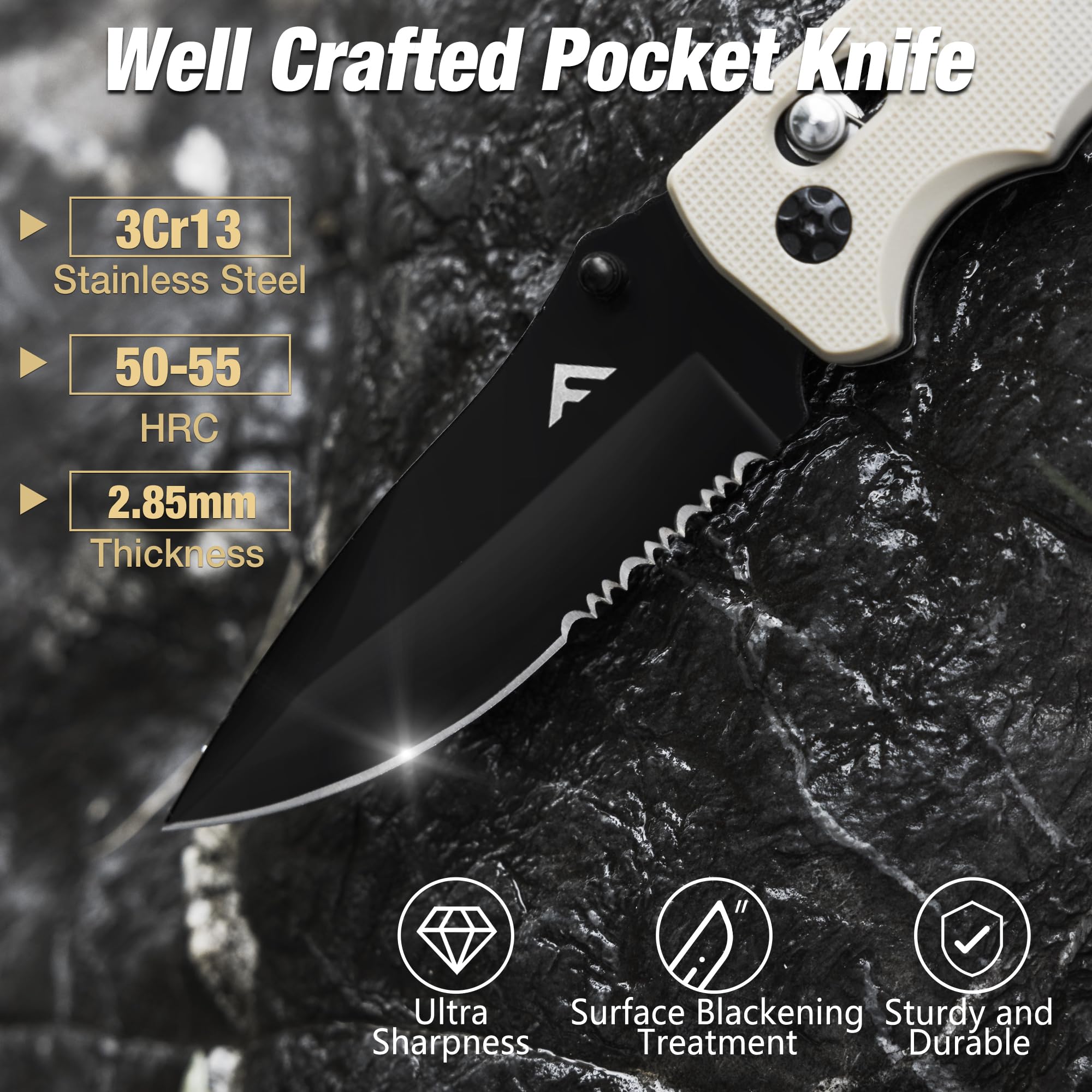 FLISSA Folding Pocket Knife with Clip, Glass Breaker and Seatbelt Cutter, Survival Knife for Emergency Rescue Situations, EDC Knife for Tactical, Hunting, Camping, Outdoor, Unique Gifts for Dad, Father