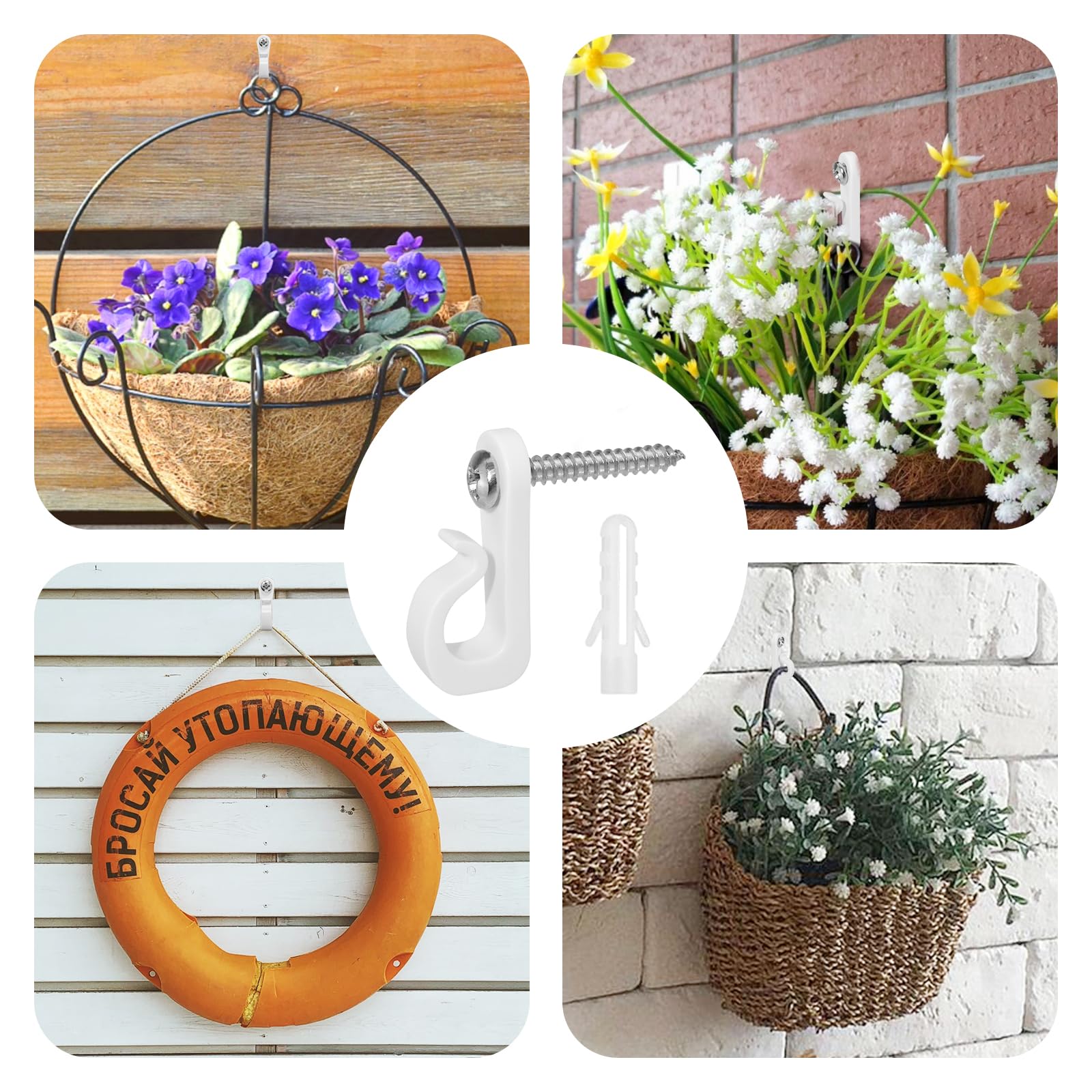 HONSNKS Screw Hooks for Outdoor String Light, White Q-Hanger Wall Hooks with Stainless Steel Phillips Screw for Christmas and New Year Party Outdoor Easy Release Wire and Fairy Led Lights, 20PCS