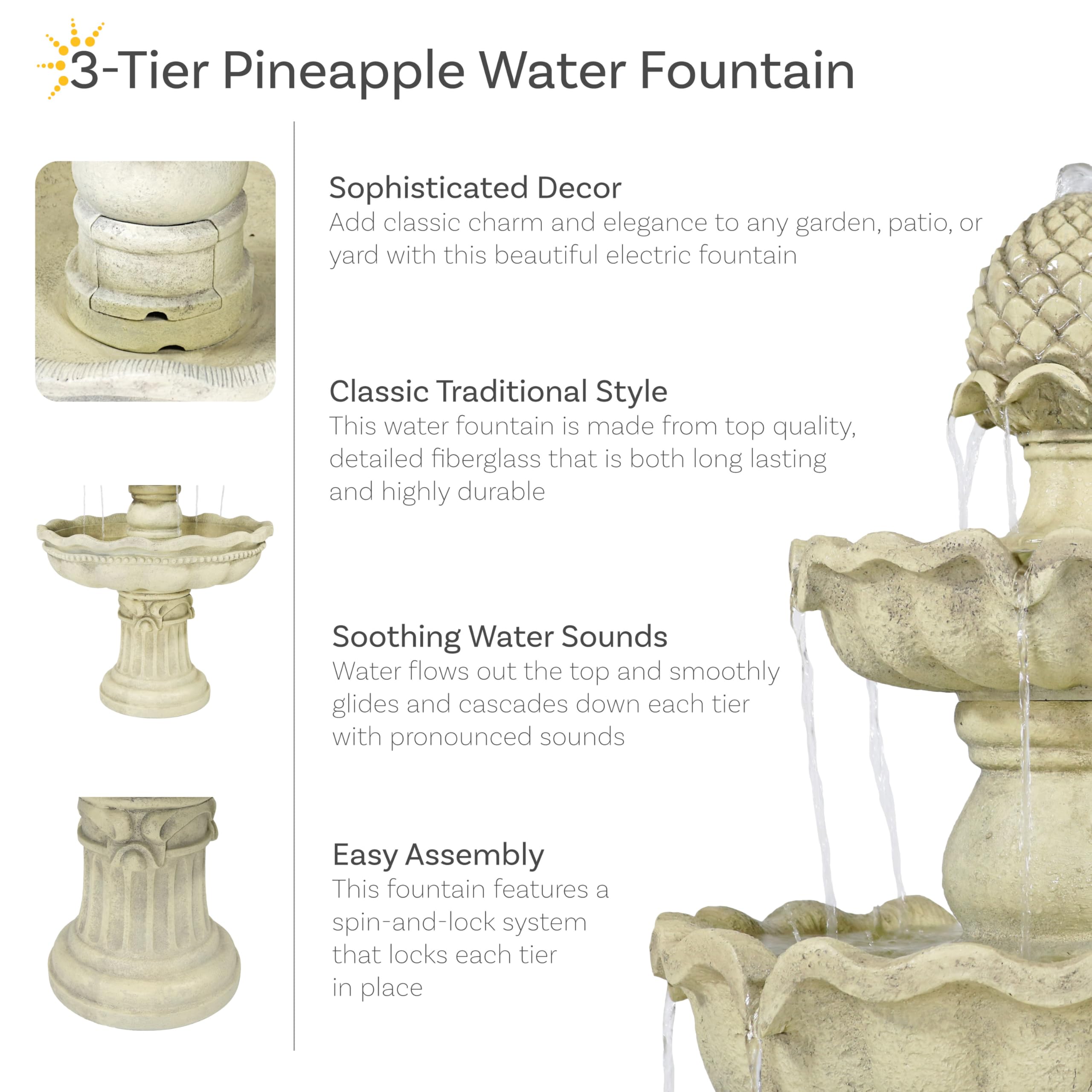 Sunnydaze 51-Inch Electric Water Fountain - Outdoor Water Feature - 3-Tier Outdoor Fountain with Pineapple Top - White