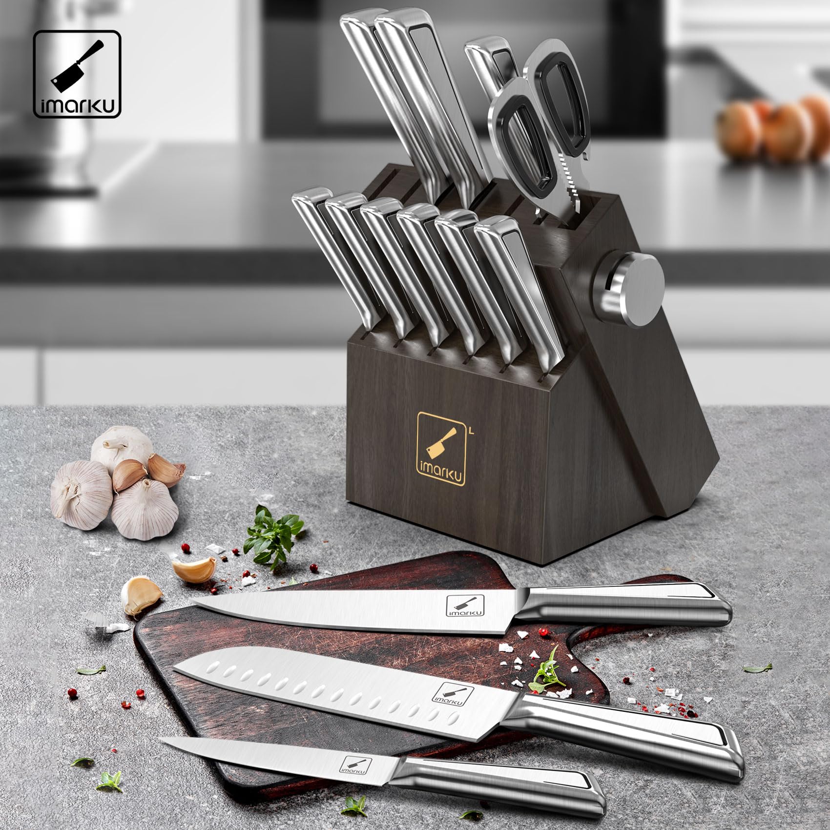 imarku 14 PCS Japanese Stainless Steel Kitchen Knife Set with Block, Built-in Sharpener, and Non-slip Ergonomic Handles - Dishwasher Safe