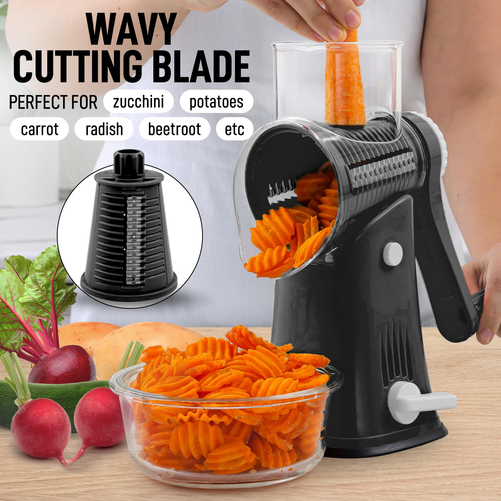 Zulay Rotary Cheese Grater 5 Blade Cheese Shredder - Manual Hand Crank Cheese Grater With Reinforced Suction & 5 Interchangeable Drums - Easy to Use, Vegetable Chopper Round Mandoline Slicer - Black