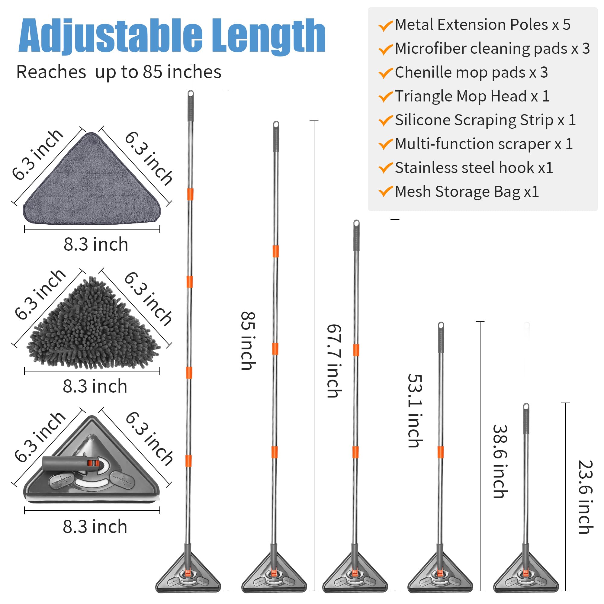 ESTALUXE 85" Wall Mop Cleaner with Long Handle and Stainless Steel Hook - 180° Rotating Wall Cleaner - Duster Tool for Walls, Multifunctional Scrapper, Ceiling, Windows and Floor with Extension Poles