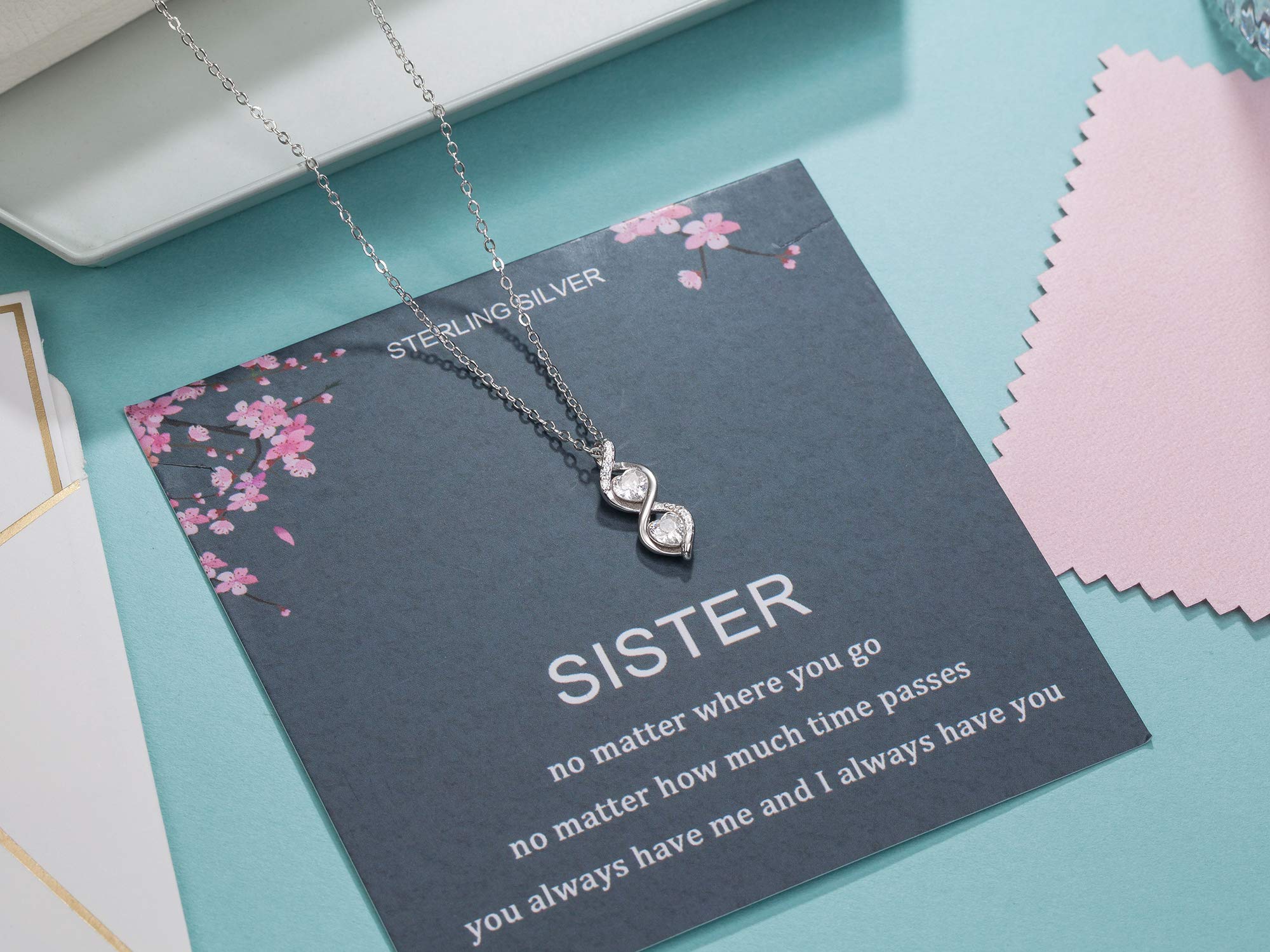 Sister Gifts from Sister, Sterling Silver Infinite Two Interlocking Infinity Double Hearts Necklace, Birthday Jewelry Gift Necklaces for Sisters, No Matter