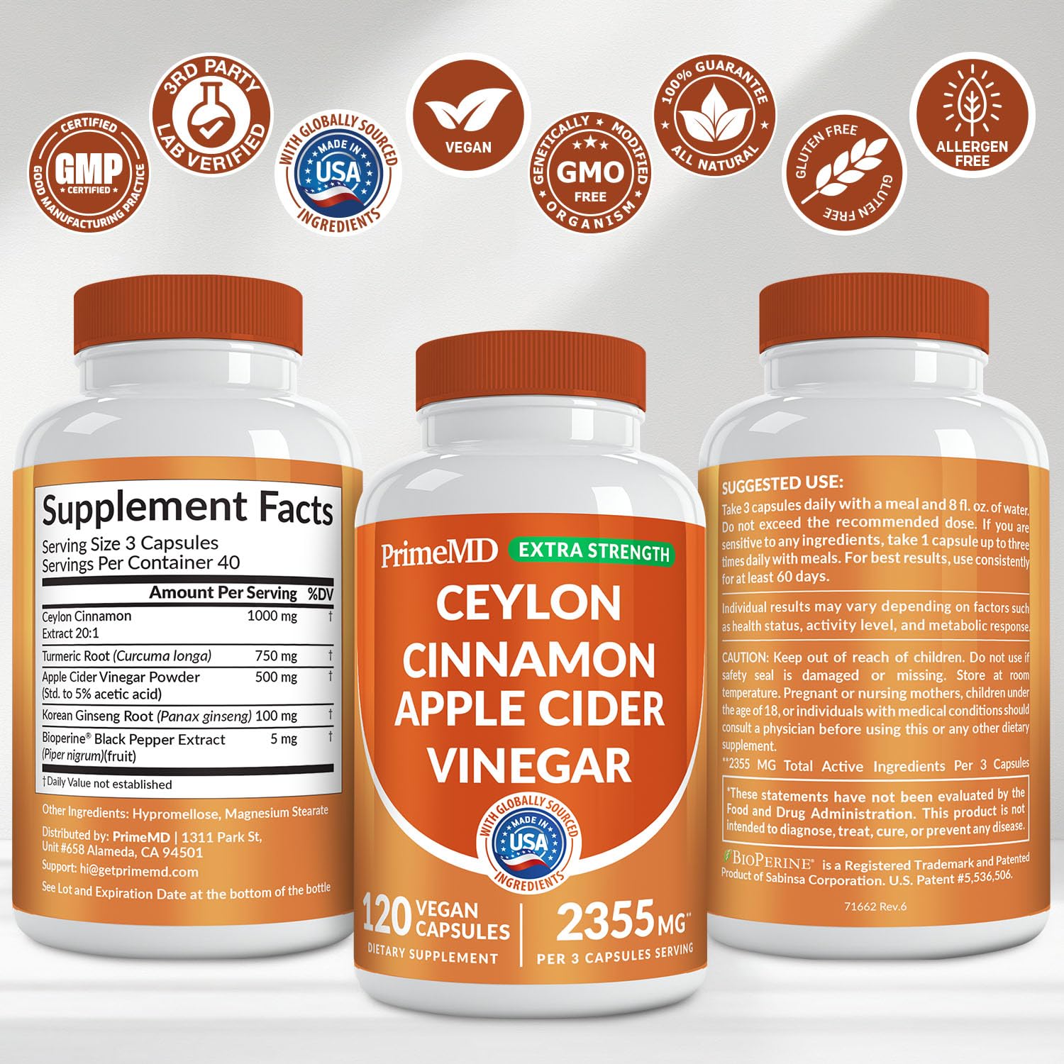 5-in-1 Ceylon Cinnamon Powder Extra Strength – Organic Ceylon Cinnamon Capsules with Turmeric, Apple Cider Vinegar, Korean Ginseng & BioPerine for Metabolism & Energy Support Pills (120 Ct, 1 Pack)