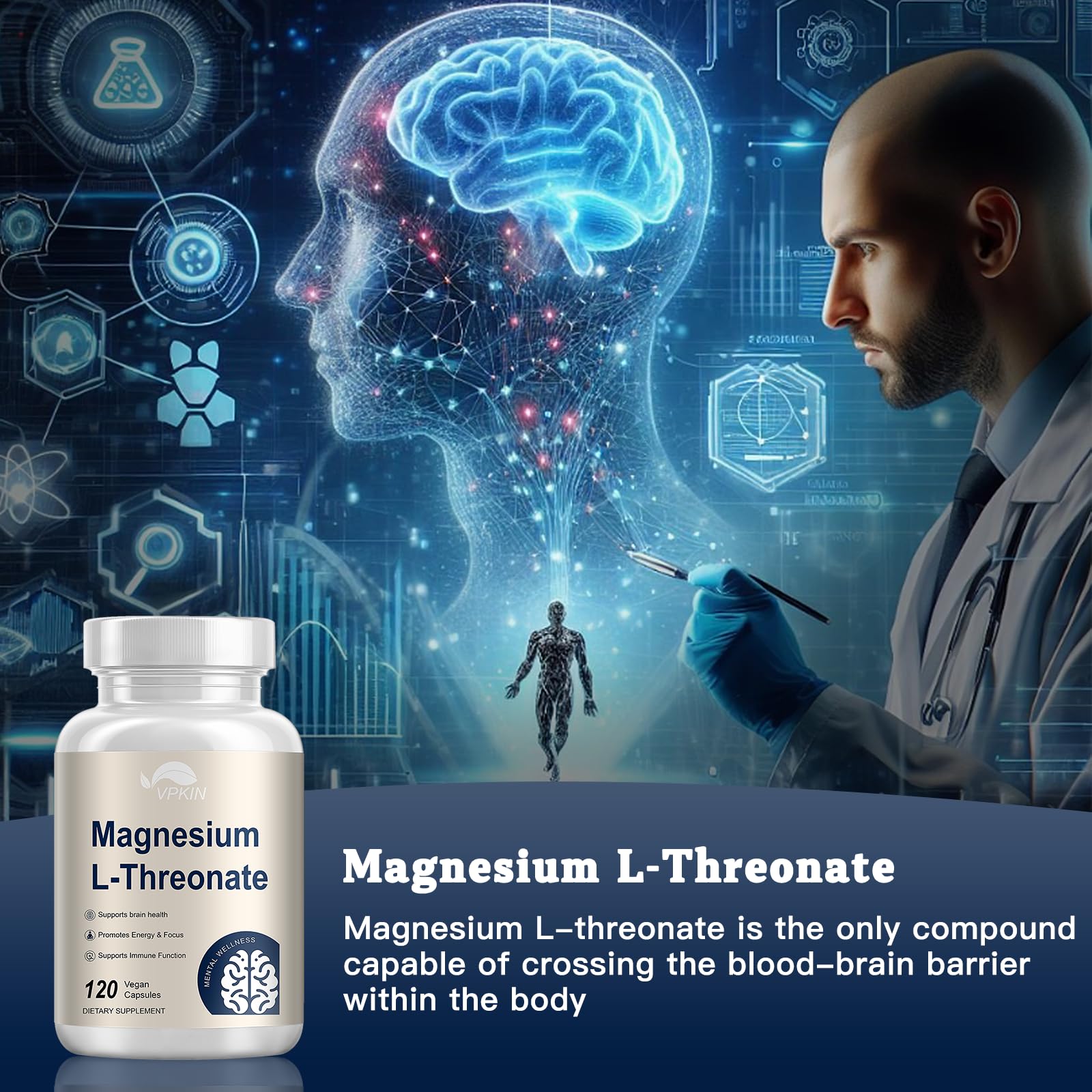 Magnesium L-Threonate Supplement Capsules with Vitamin C & Vitamin D3,High Absorption Magnesium Supplement,Supports Memory, Focus,Non-GMO(120 Capsules)