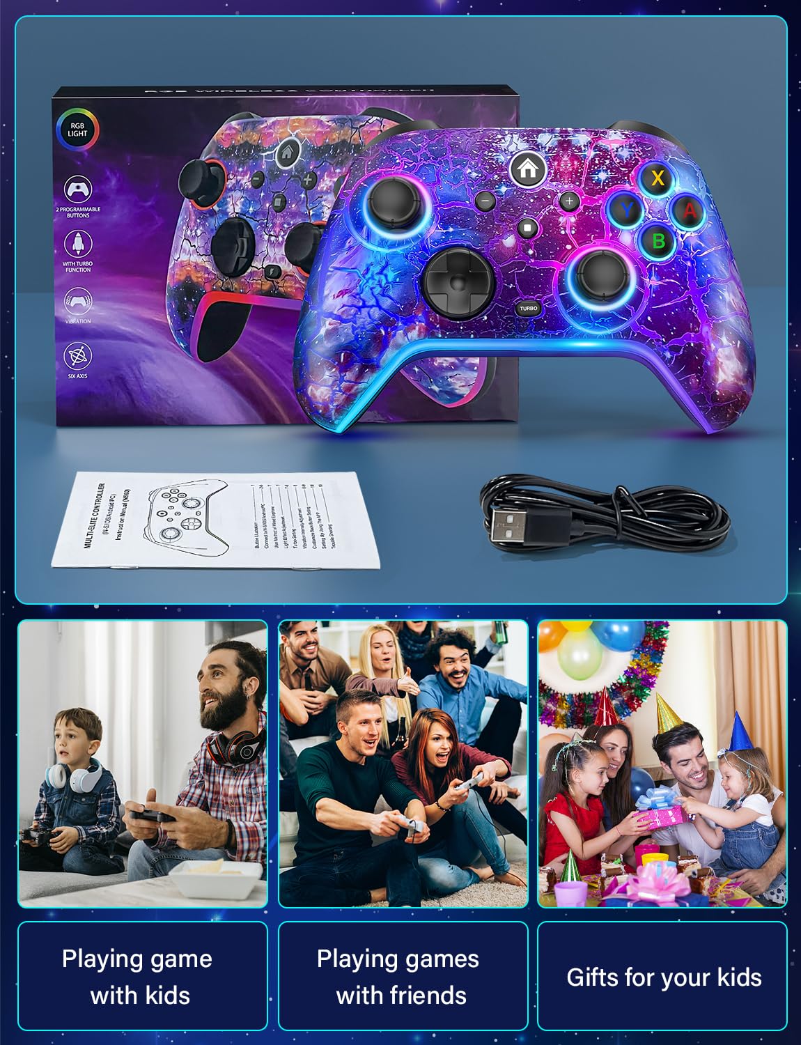 Wireless Switch Pro Controller - Compatible with Nitendo Switch/OLED/Lite, 1200mAh Rechargeable Switch Controllers with 8 Colors LED & Cool Nebula Design, Wake Up, Turbo, Vibration, Motion Control