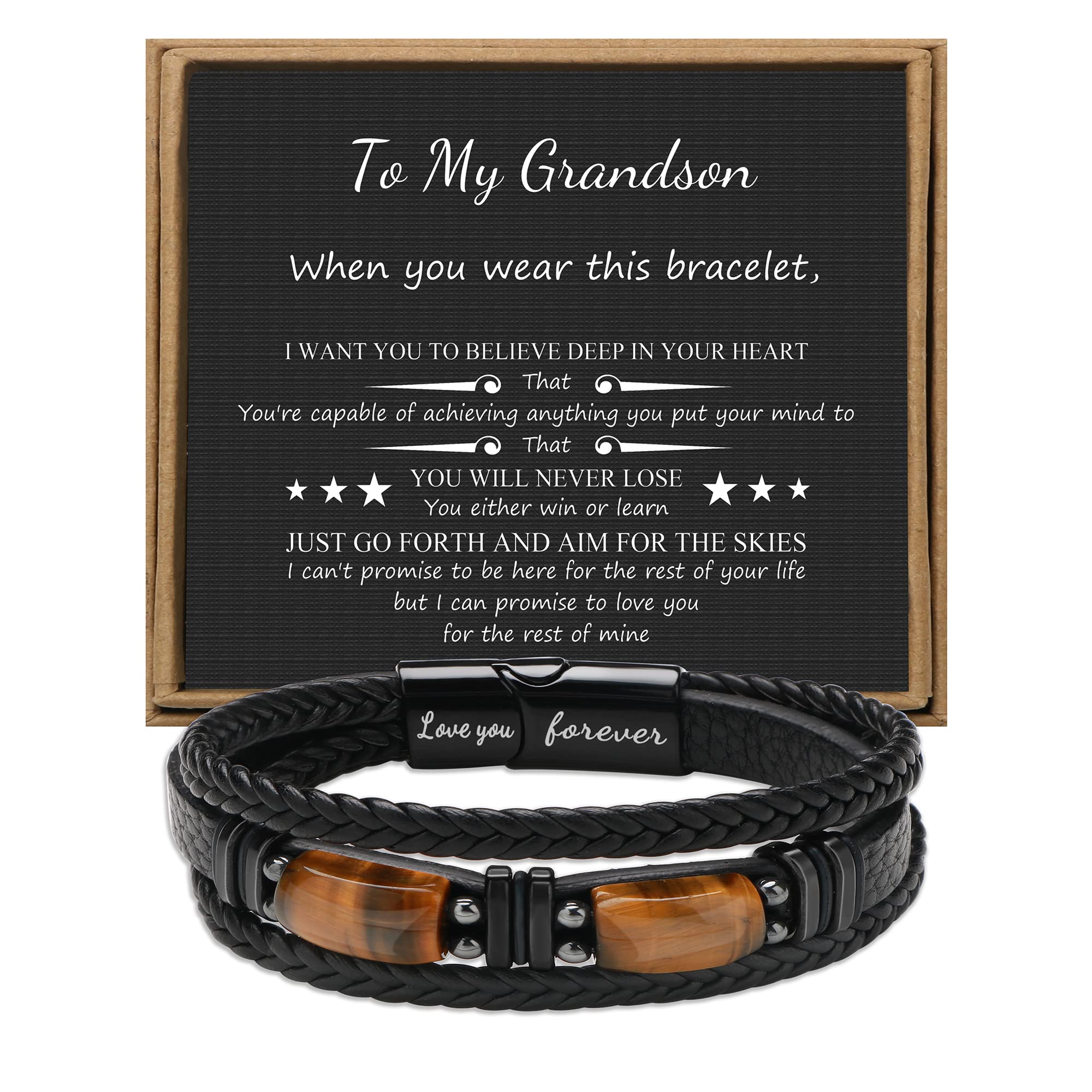 JoycuFF Grandson Birthday Gifts Leather Bracelets for Grandson Gift for Grandson from Grandpa Grandma To My Grandson Love You Forever Bracelet Anniversary Christmas Ideas Gift