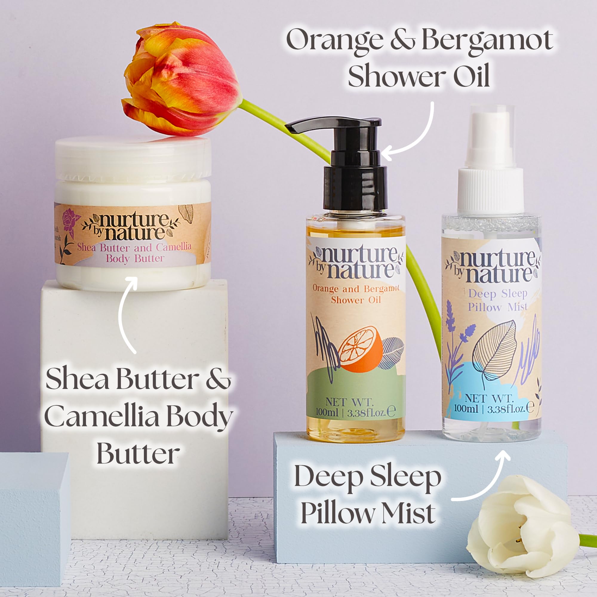 Nurture by Nature's MOMENT FOR MAMA Gift Set, Lavender Pillow Mist, Spa Gift Baskets for Women, 6 Pcs Per Bath Set, Mom Spa Gift Set, Relaxation Kit, Body butter, Shower Oil, Essential Oil Roll on