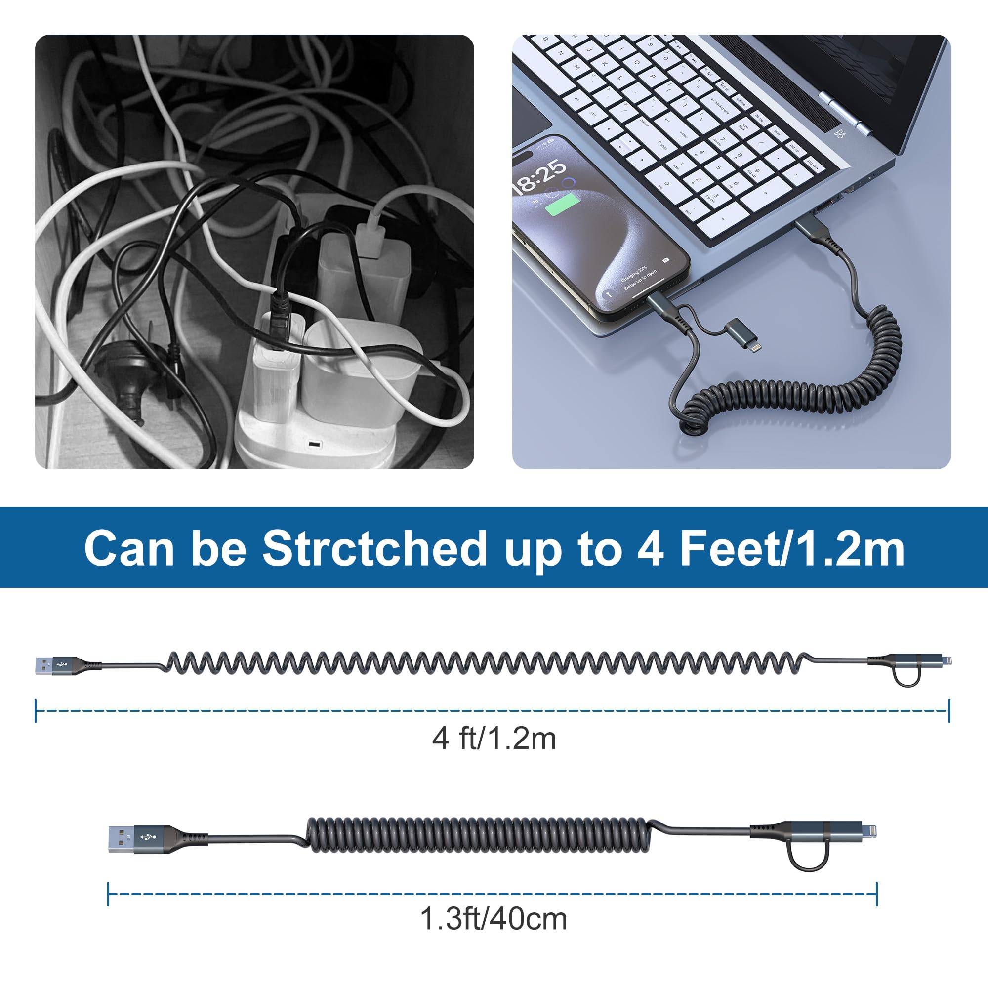 USB-C and Lightning Cable 2 in 1 Combo Apple Carplay & Android Auto,3A Fast Charging & Data Sync[MFi Certified] Short Coiled iPhone Car Charger Cord Compatible with iPhone 16/15/14/13/12/Android