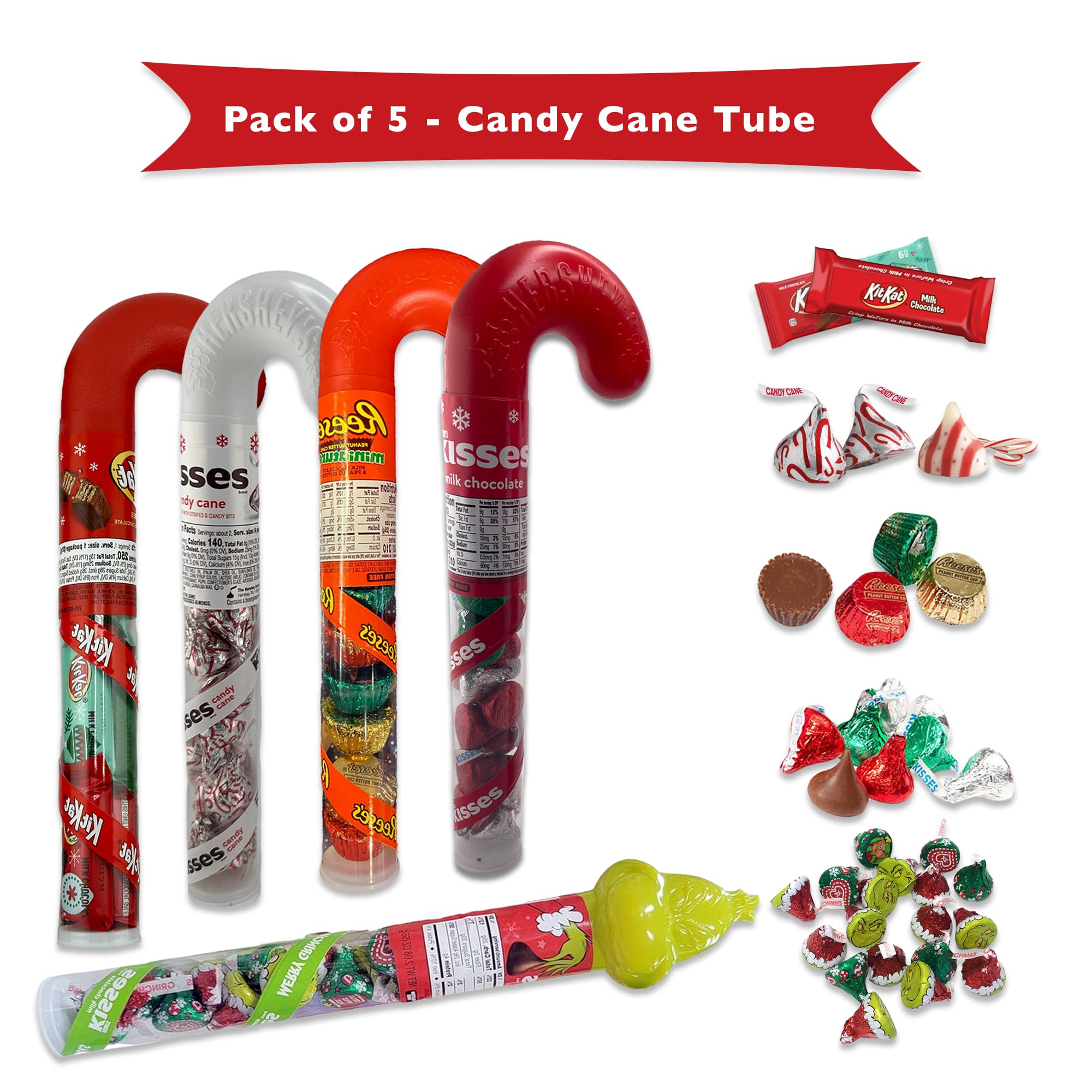 Hershey's Stocking Stuffer Candy Cane Tube Variety 5 Pack- Hershey Kisses Christmas Candy Cane, Grinch Hershey Kisses, Candy Cane Kisses, Kit Kat, and Reese's Christmas Candy Stocking Stuffer