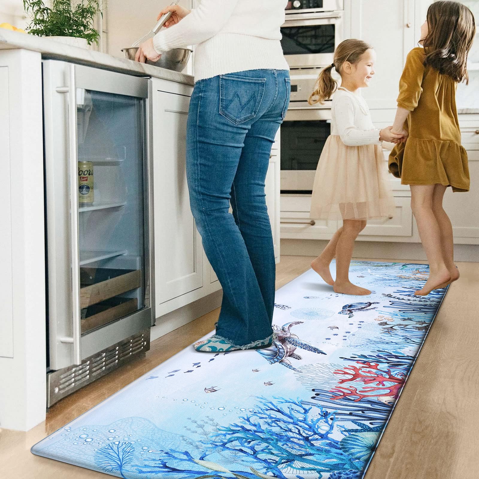 ASPMIZ Ocean Kitchen Rugs Sets of 3 Non Slip Washable, Sea Turtle Anti Fatigue Kitchen Mat Cushioned, Waterproof Nautical Coral Kitchen Floor Mats Runner Rug, 17'' x 60'' + 17'' x 47'' + 17'' x 30''