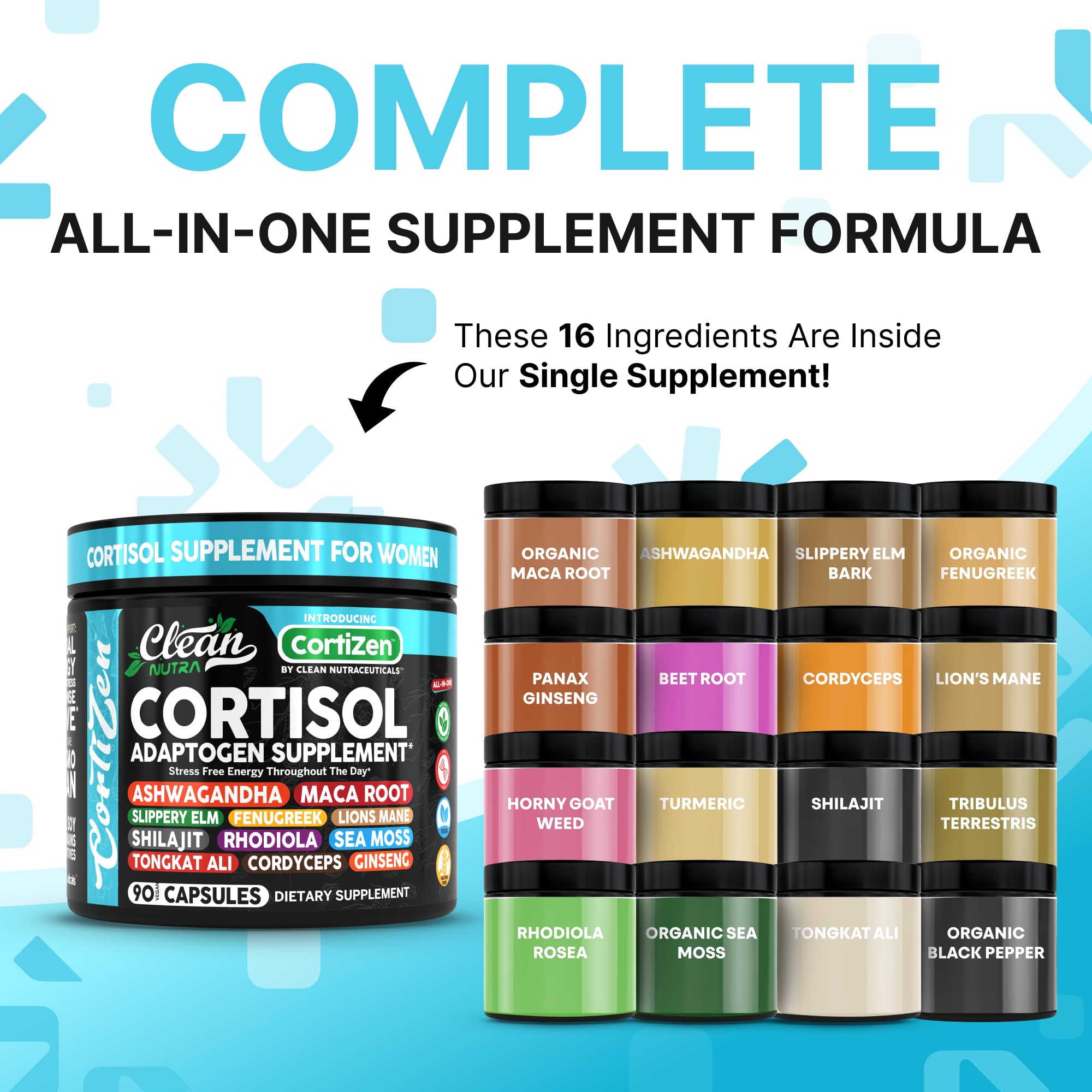Clean Nutra Cortisol Supplements For Women | Maca Root Ashwagandha Cortisol Detox Manager Reducer + Slippery Elm Fenugreek Lions Mane Shilajit Rhodiola Sea Moss Tongkat Ali Cordyceps Ginseng Beet Root