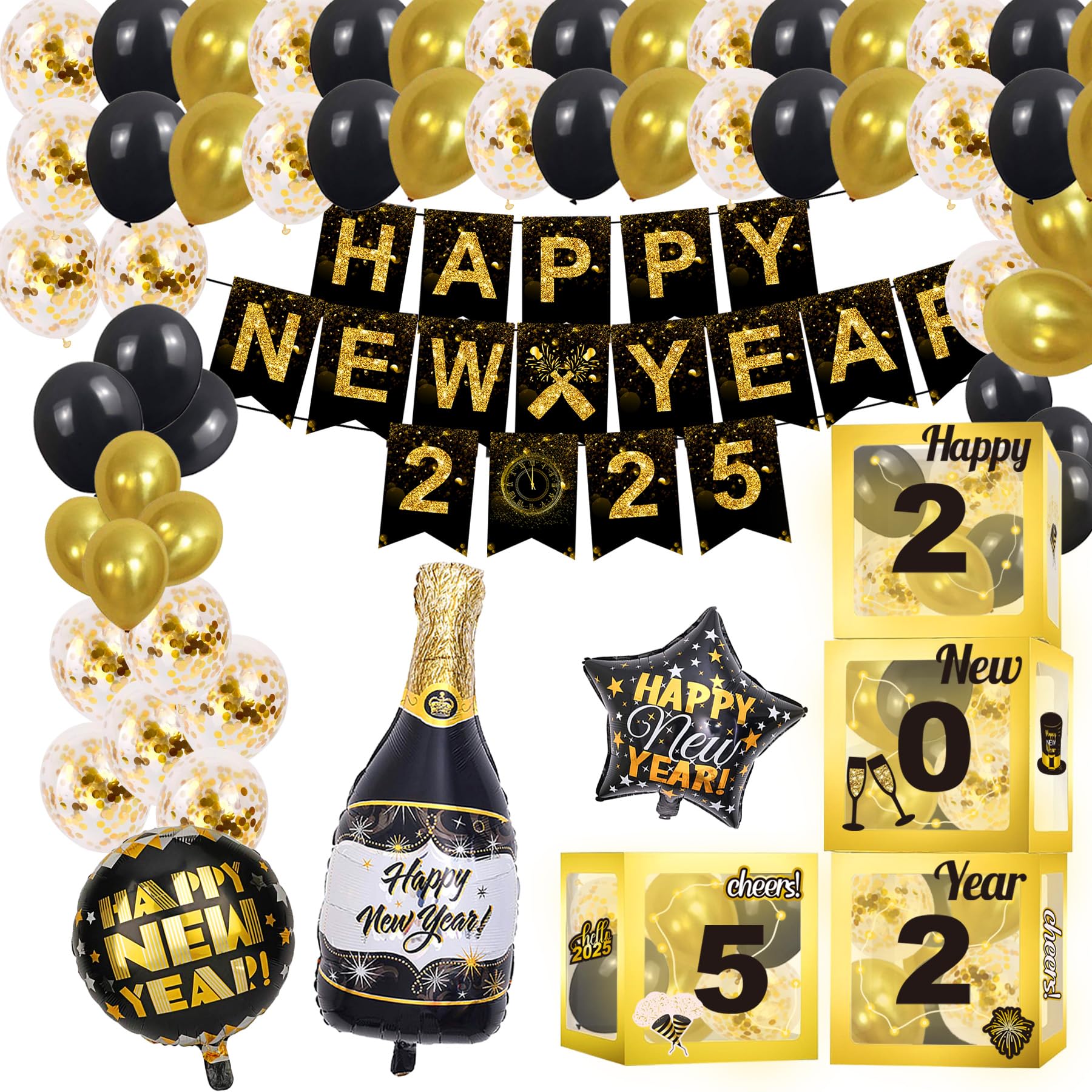 Happy New Year Party Decoration 2025 - Black and Gold Party Balloon Boxes Supplies - Includes Balloon Boxes, Balloon, Light Strings, Banner, Foil Balloon, New Years Eve Decor Kit