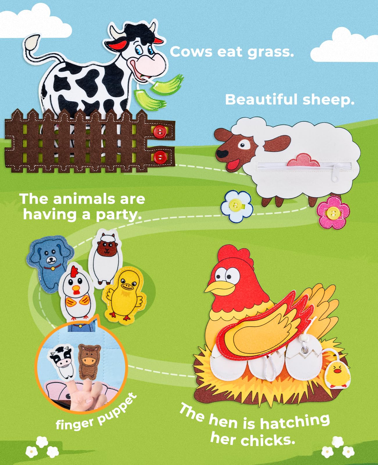 JoyCat Farm Animal Busy Book for Toddlers Montessori Busy Board for 1 2 3 4 Year Old Boy Girl Birthday Gift - Quiet Activity Book with Life Skills, Cognition, Sorting, Matching - Autism Sensory Toy
