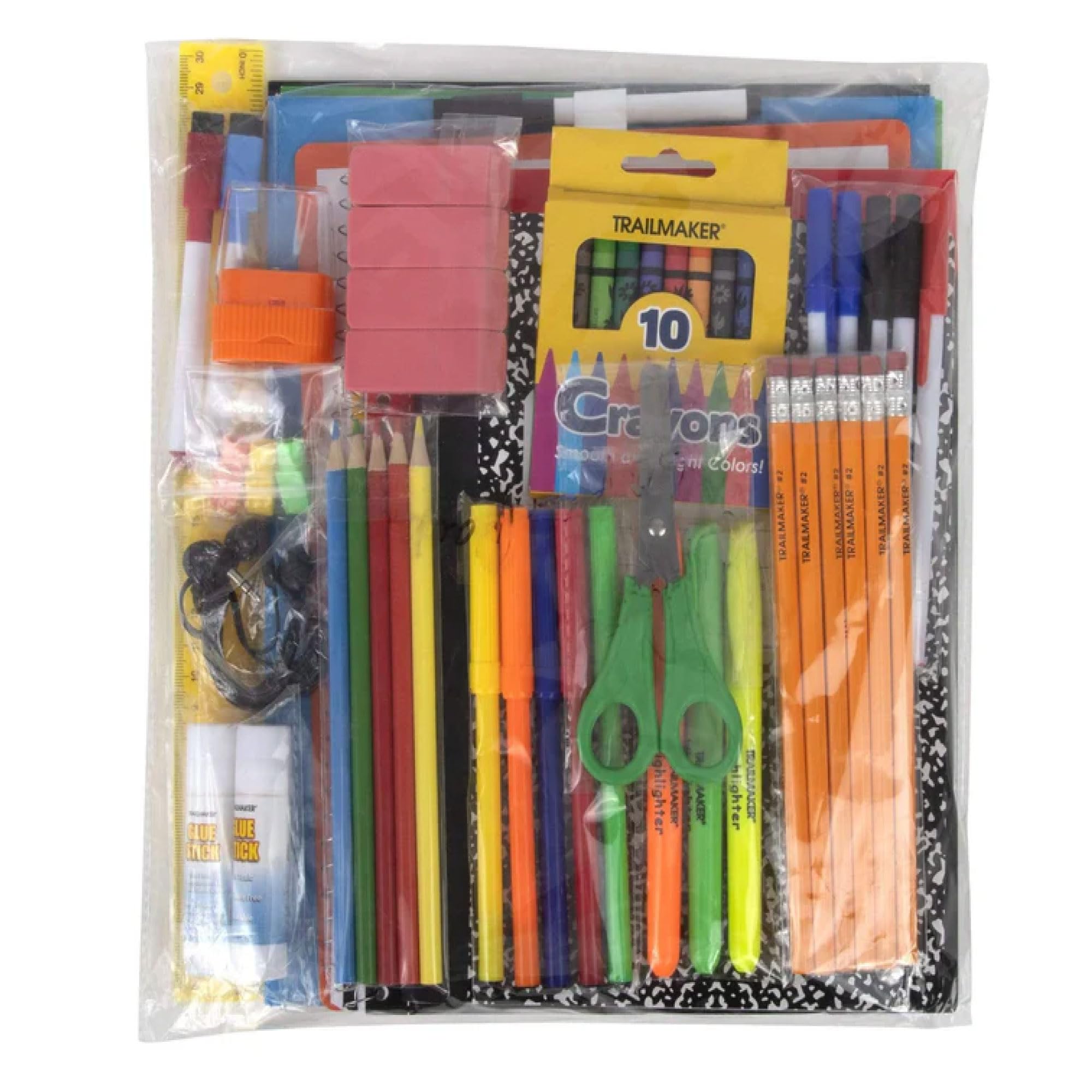 Trail maker Back to School Supplies 60 Piece Bundle Kit for Girls, Boys, Kids, Back to School Supply Box Bundle Kit Includes Notebooks, Folders, Composition Book, Headphones, Ruler, and More