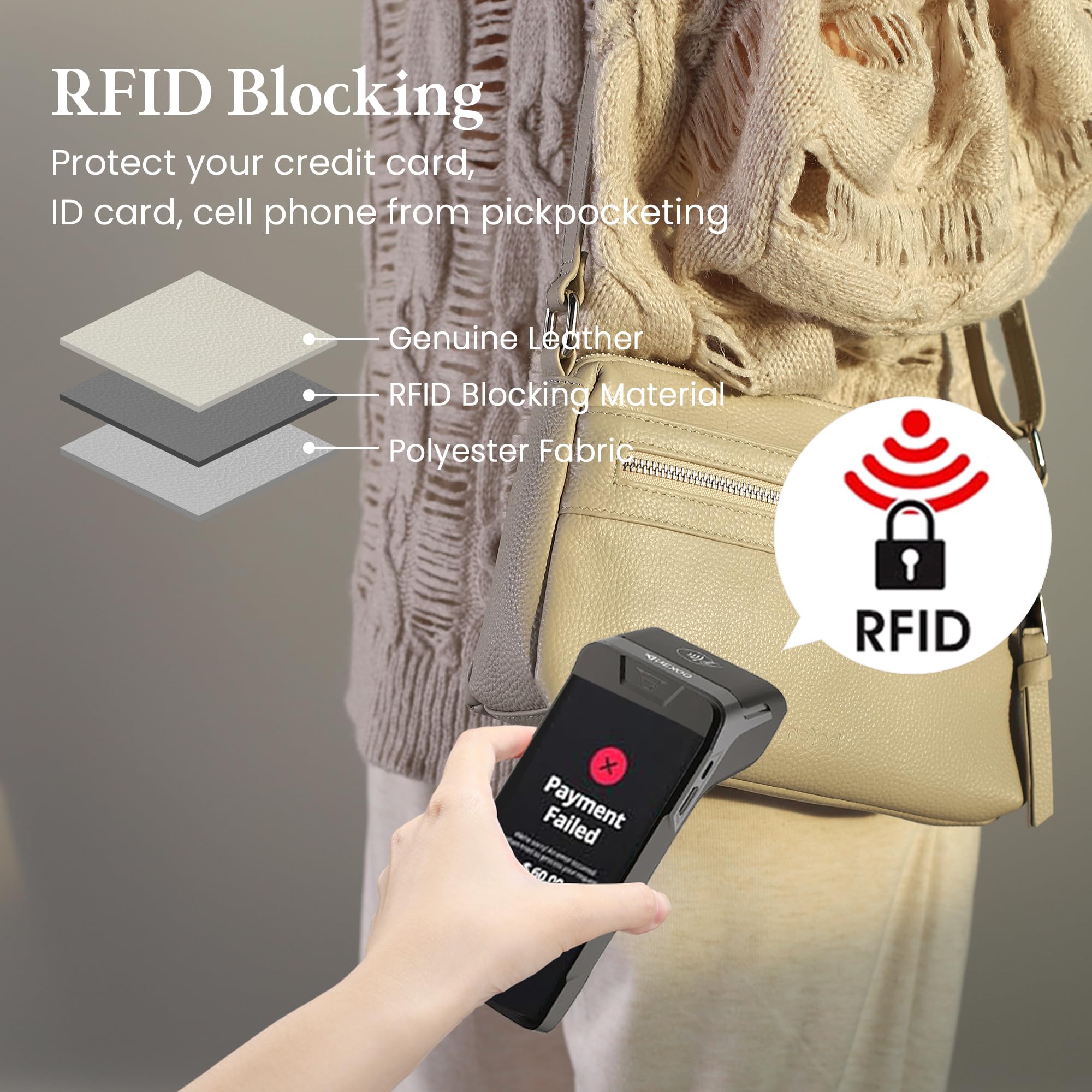 befen Genuine Leather Small Crossbody Bags for Women Ladies Triple Zip Shoulder Purses Bag Cell Phone Leather Handbag with RFID Card Slots Beige Grey