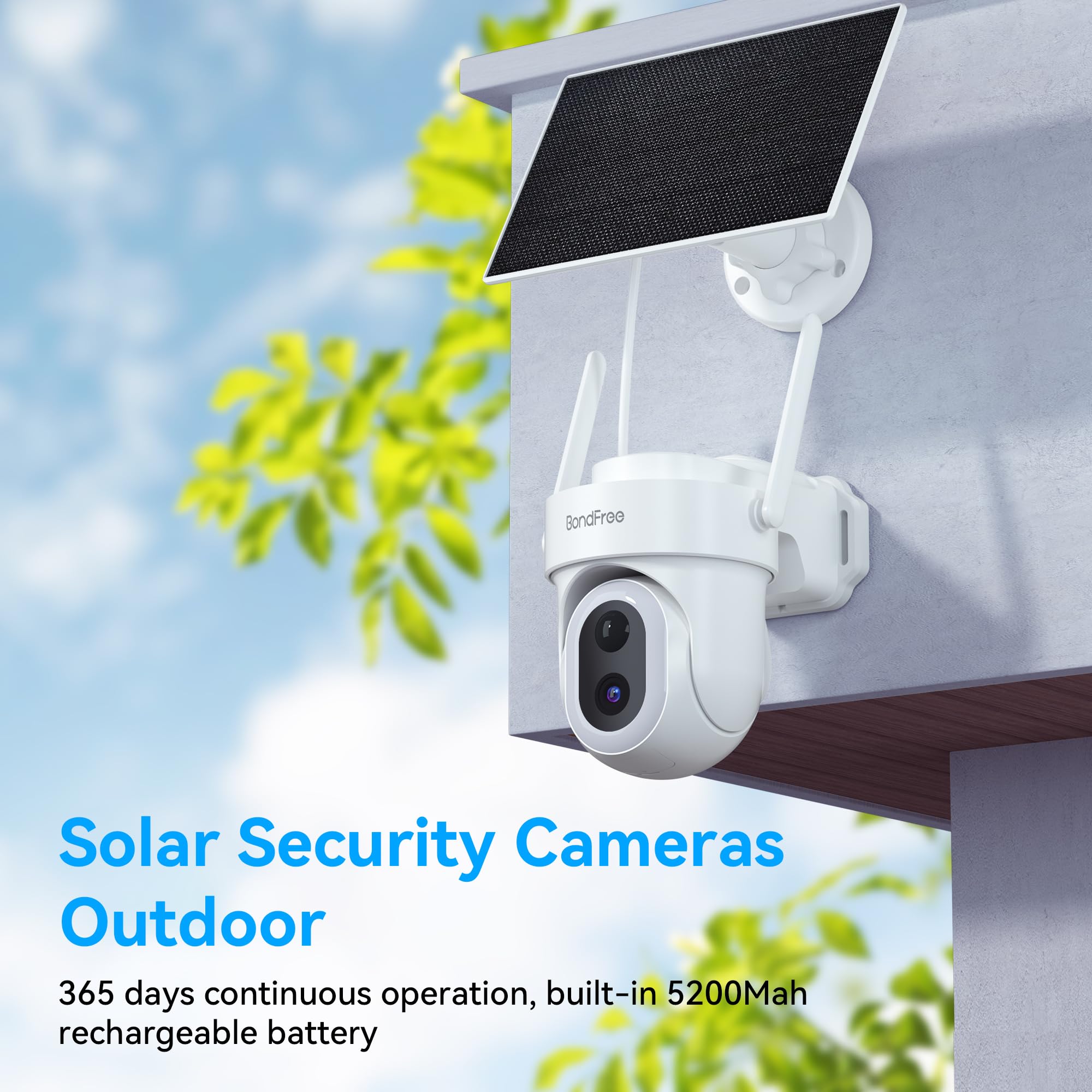 BondFree 2K Solar Security Cameras Wireless Outdoor with 14 Spotlights, IP65 Waterproof, Night Vision,Alarm, 2-Way Audio, PIR Detection, 2.4GWiFi Security Camera Works with Alexa Google Assistant