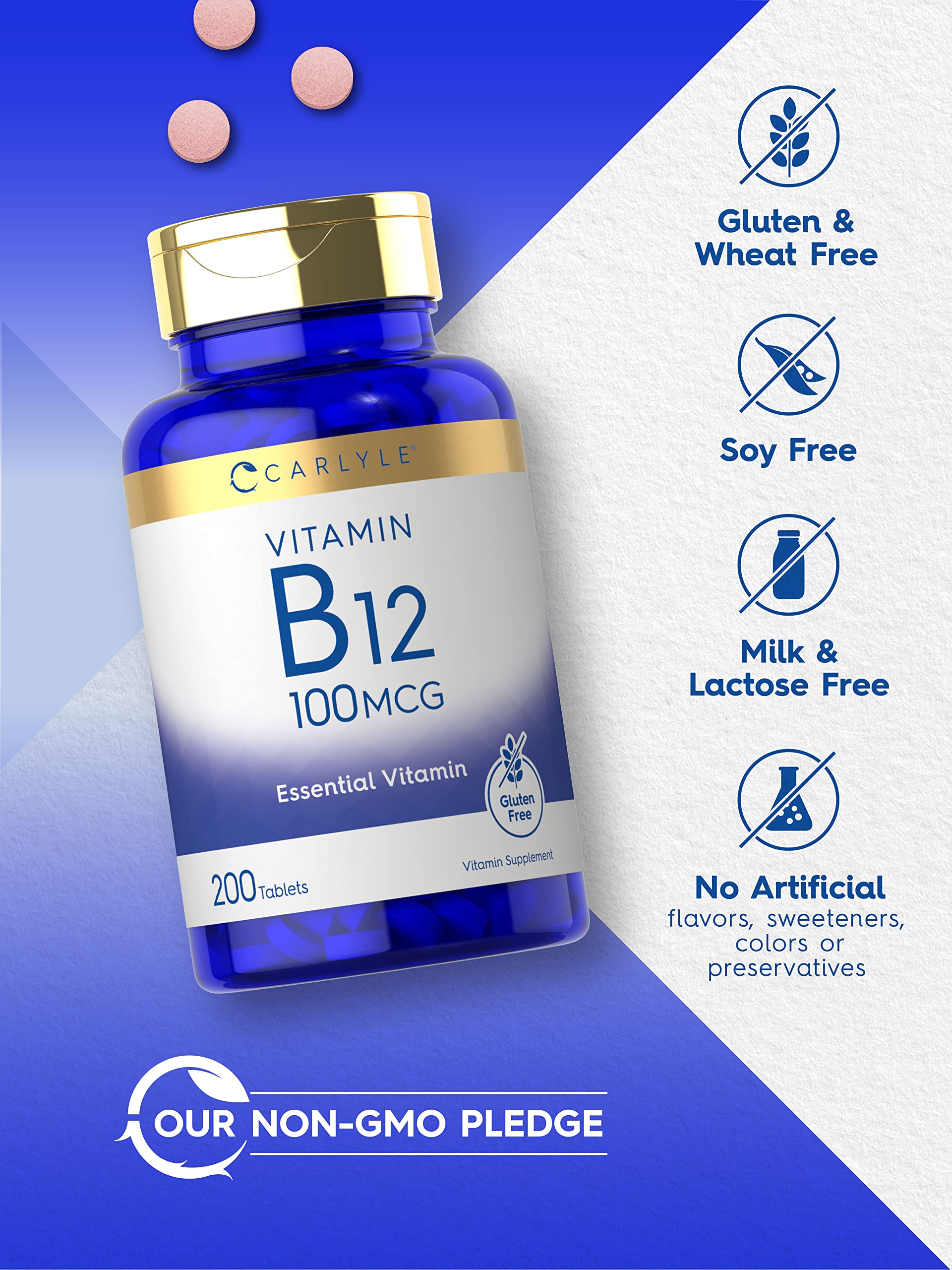 Carlyle Vitamin B12 100mcg | 200 Tablets | Essential Vitamin Supplement | Vegan, Non-GMO, and Gluten Free Formula