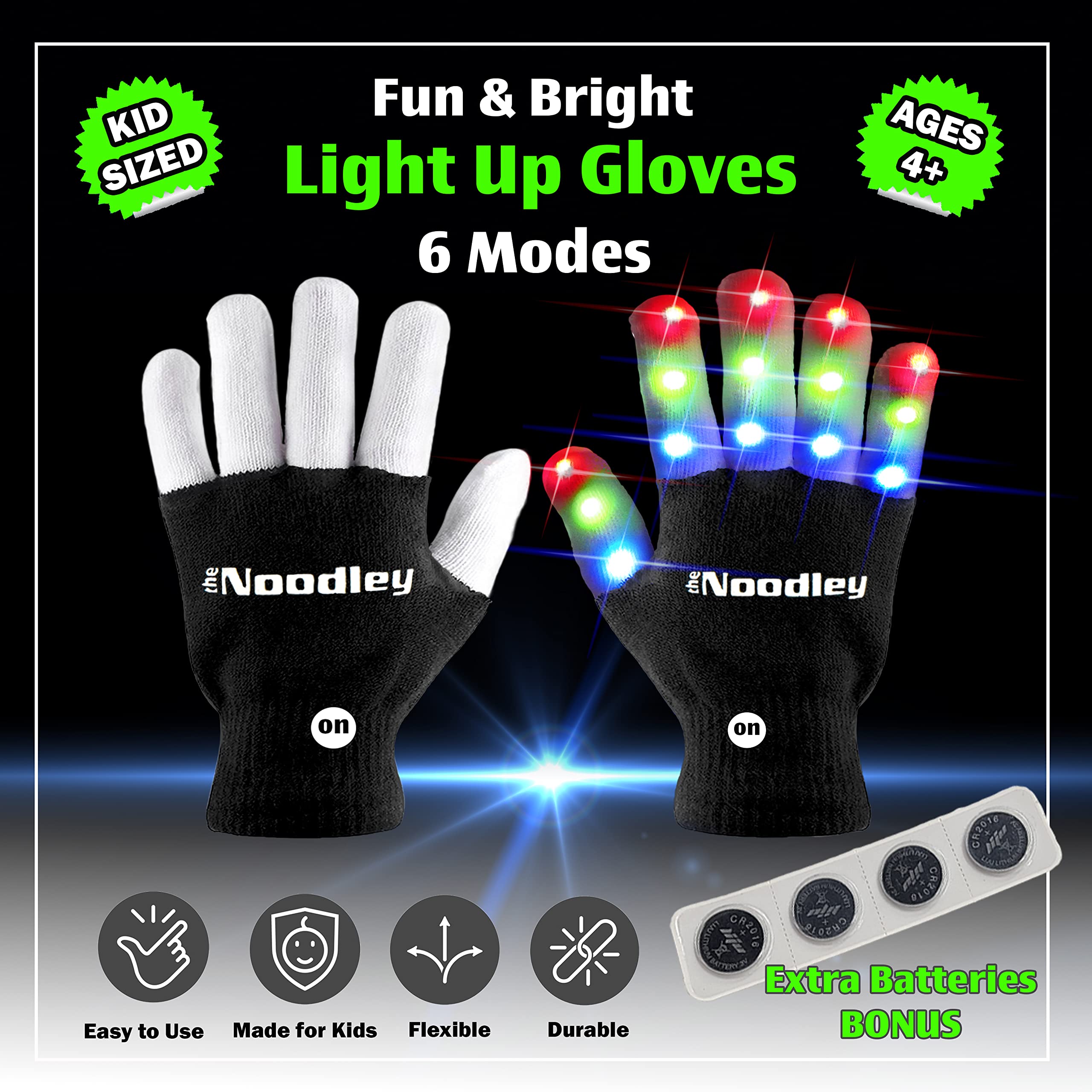 The Noodley Boys Toys Age 10 Flashing LED Light Gloves Kids and Teen Sized with Extra Batteries Finger Toy Boys and Girls - Ages 8-12 (Medium, Black)