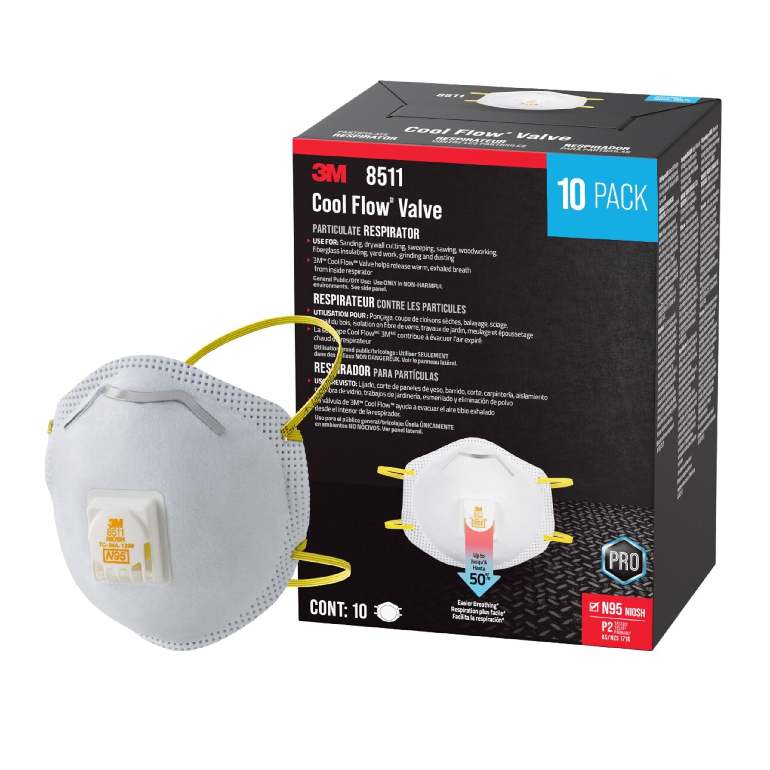 3M All-In-One Respirator, Best for Sanding, Fiberglass, Drywall, Painting, N95, Exhalation Valve Helps Direct Exhaled Air Downward, Relief From Dusts And Certain Particles, 10-Pack
