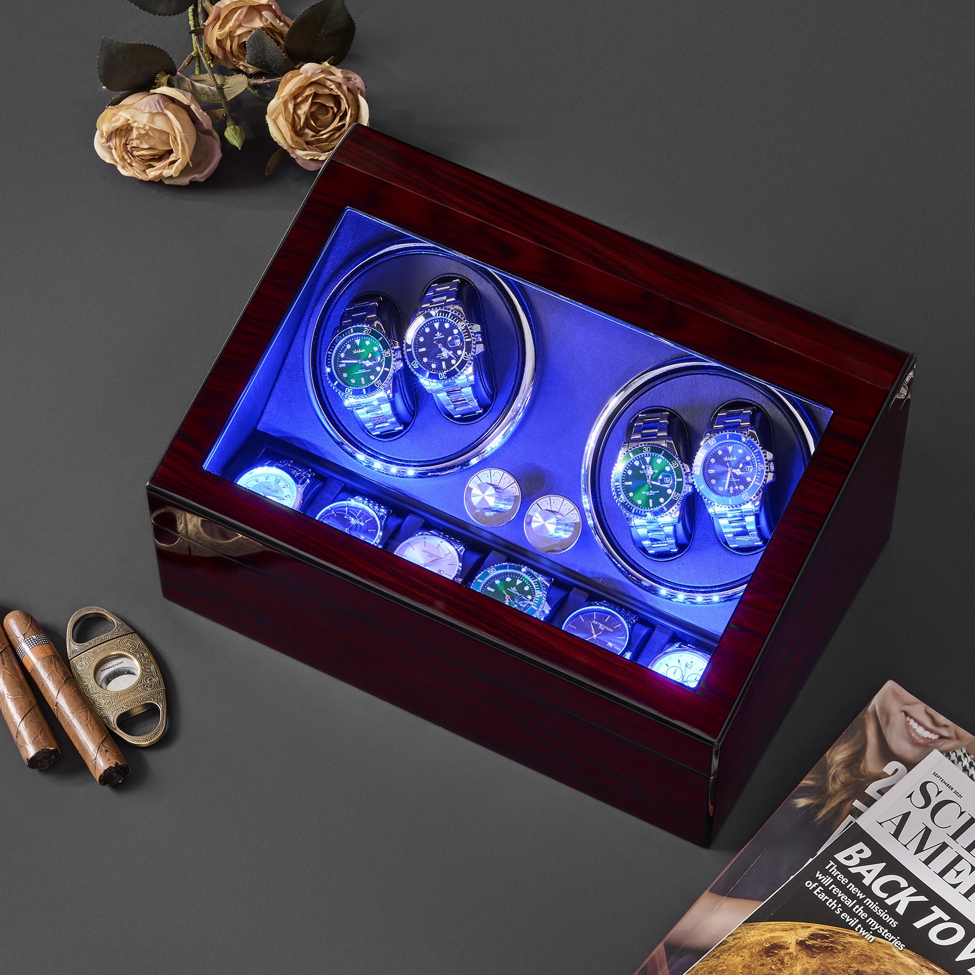 ANWBROAD Watch Winder for Automatic Watches 4 Watch Rotator and 6 Extra Storages with Super Quiet Mabuchi Motor LED Backlight Watch Turner Piano Paint Watch Shaker 5 Rotating Modes Gift USB UJWW002Y
