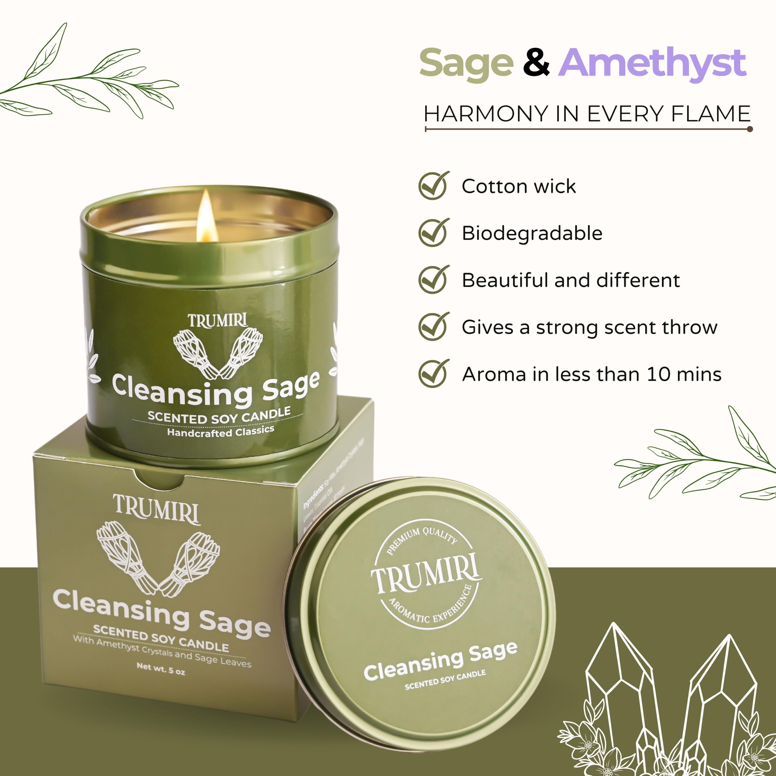 Sage Candle for Cleansing House Negative Energy and Protection Smudge Kit - 5 oz Soy Wax Natural Clean Organic Non Toxic - Velas de Olor Para el Hogar - Long Lasting - Highly Scented