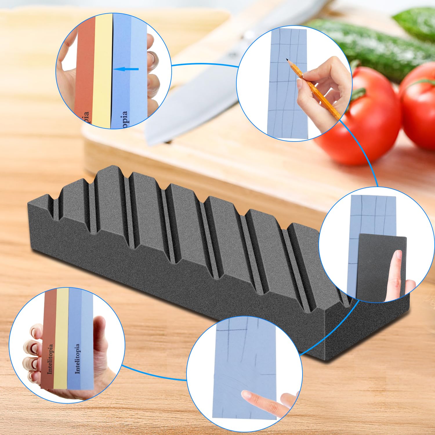 Intelitopia Complete Knife Sharpening Stone Set – Dual Grit Whetstone 400/1000 3000/8000 Knife Sharpener with Leather Strop, Flattening Stone, Bamboo Base, 3 Non-slip Rubber Bases & Angle Guide