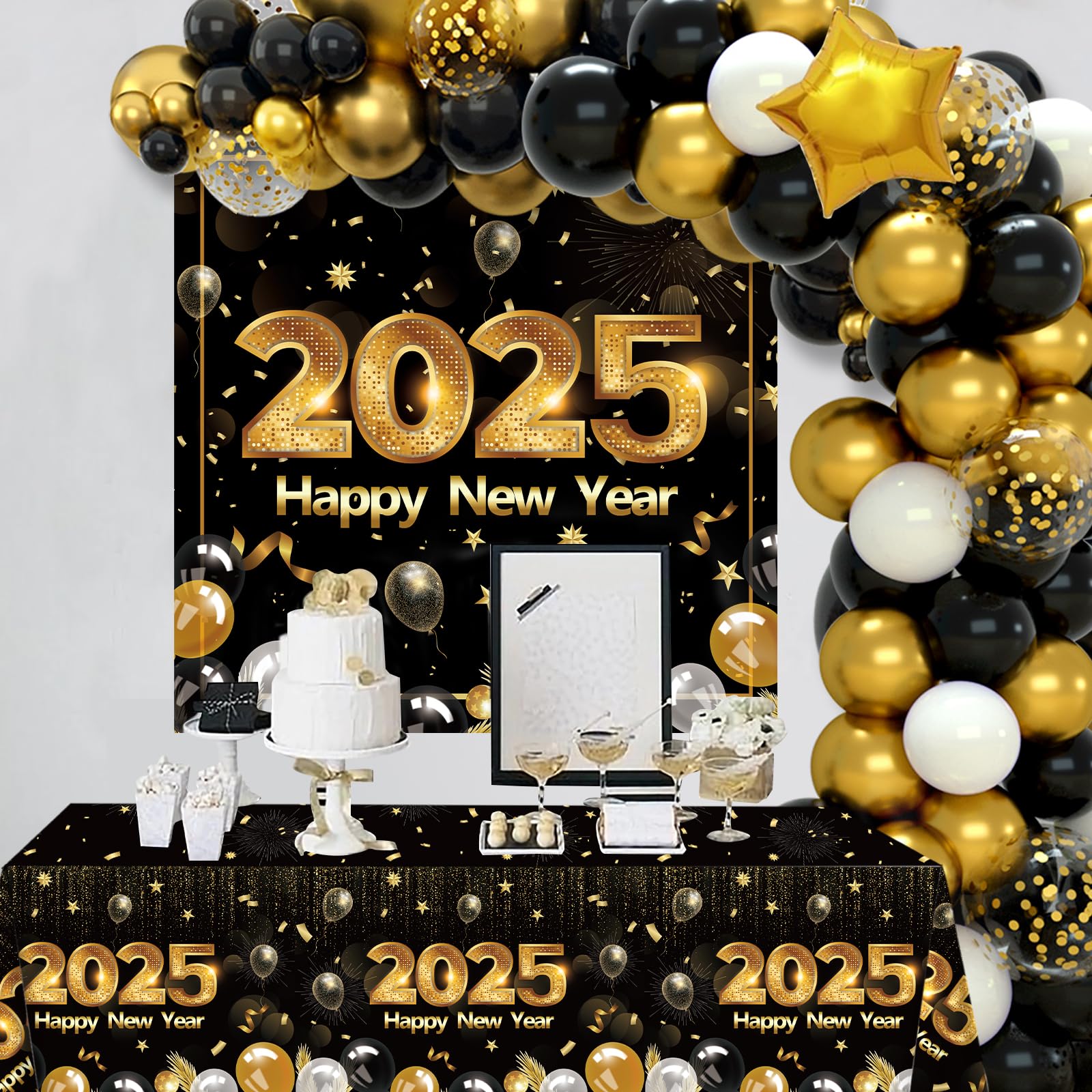 Happy New Years Eve Party Supplies 2025 - New Years Decorations Black and Gold Confetti Balloon Garland Arch Kit Happy New Year Backdrop Tablecloth for New Year Party Anniversary Retirement Graduation