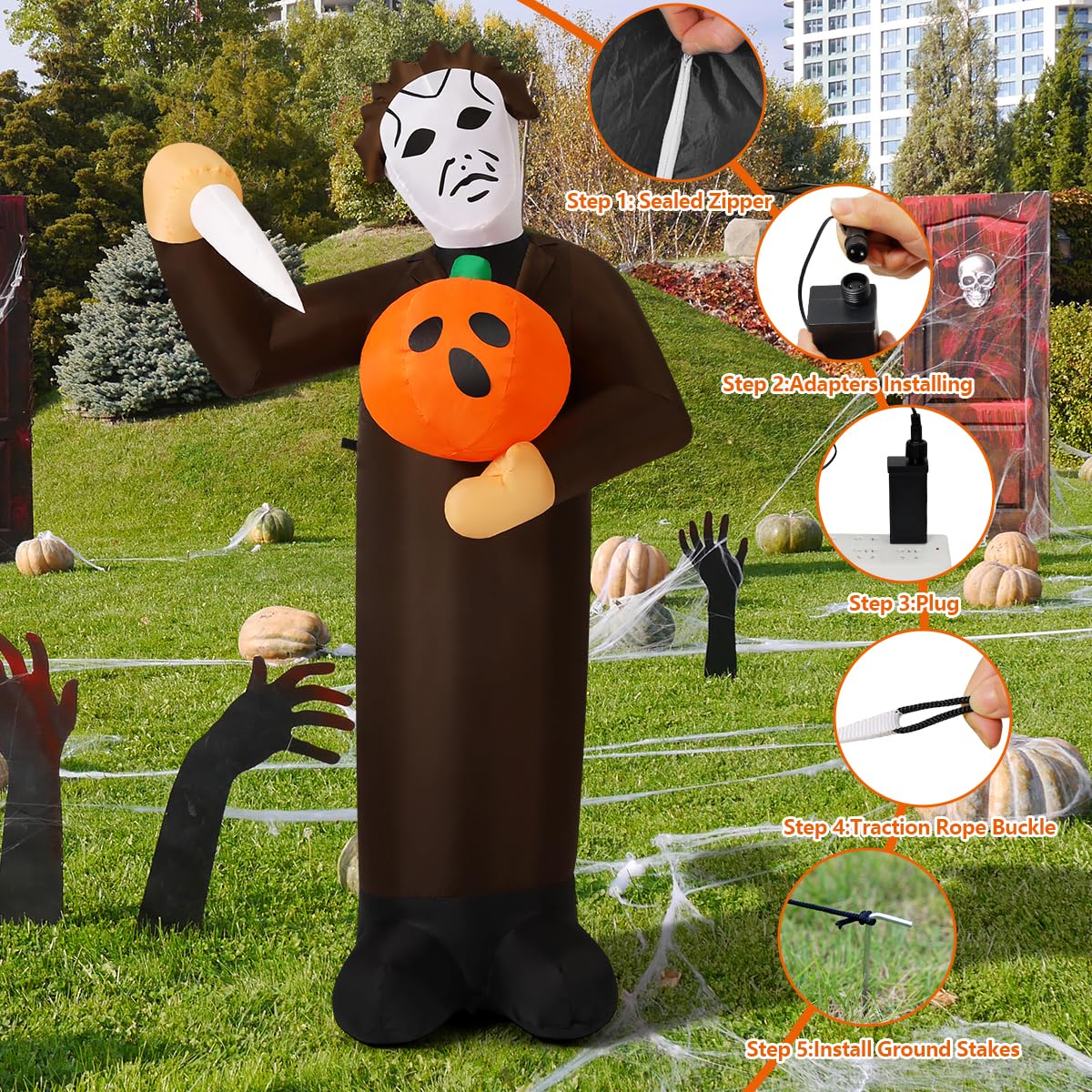 COMIN Halloween Inflatable 6FT Scary Pumpkin Killer with Built-in LEDs Blow Up Yard Decoration for Holiday Party Indoor, Outdoor, Yard, Garden, Lawn