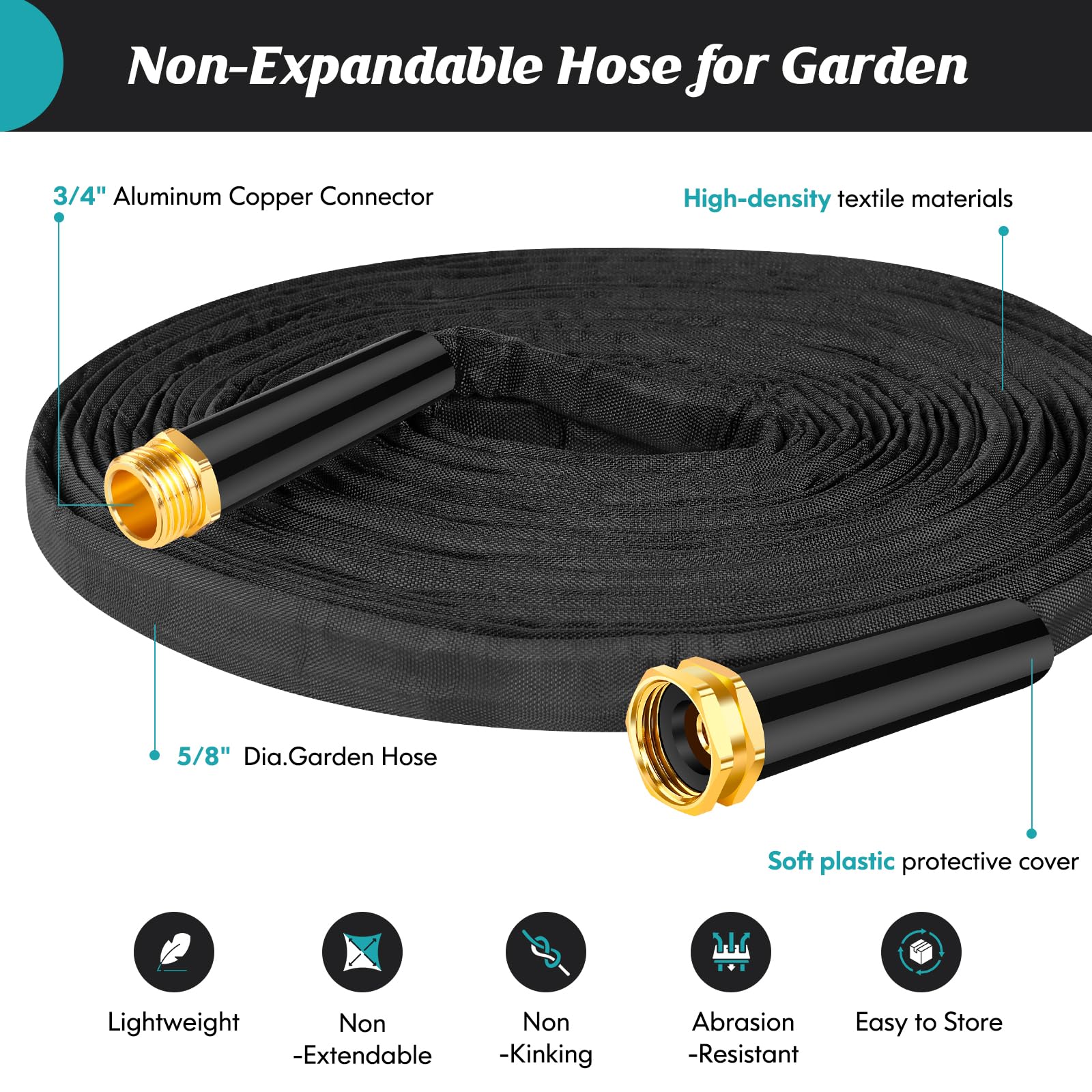 CXEZSIK Non-Expandable Garden Hose 50FT, Flexible and Tough, Lightweight and Sturdy, Abrasion Resistant and Kink-Free Water Hose for Outdoor, Yard, Lawn, Car Wash, Marine, and Camper Use