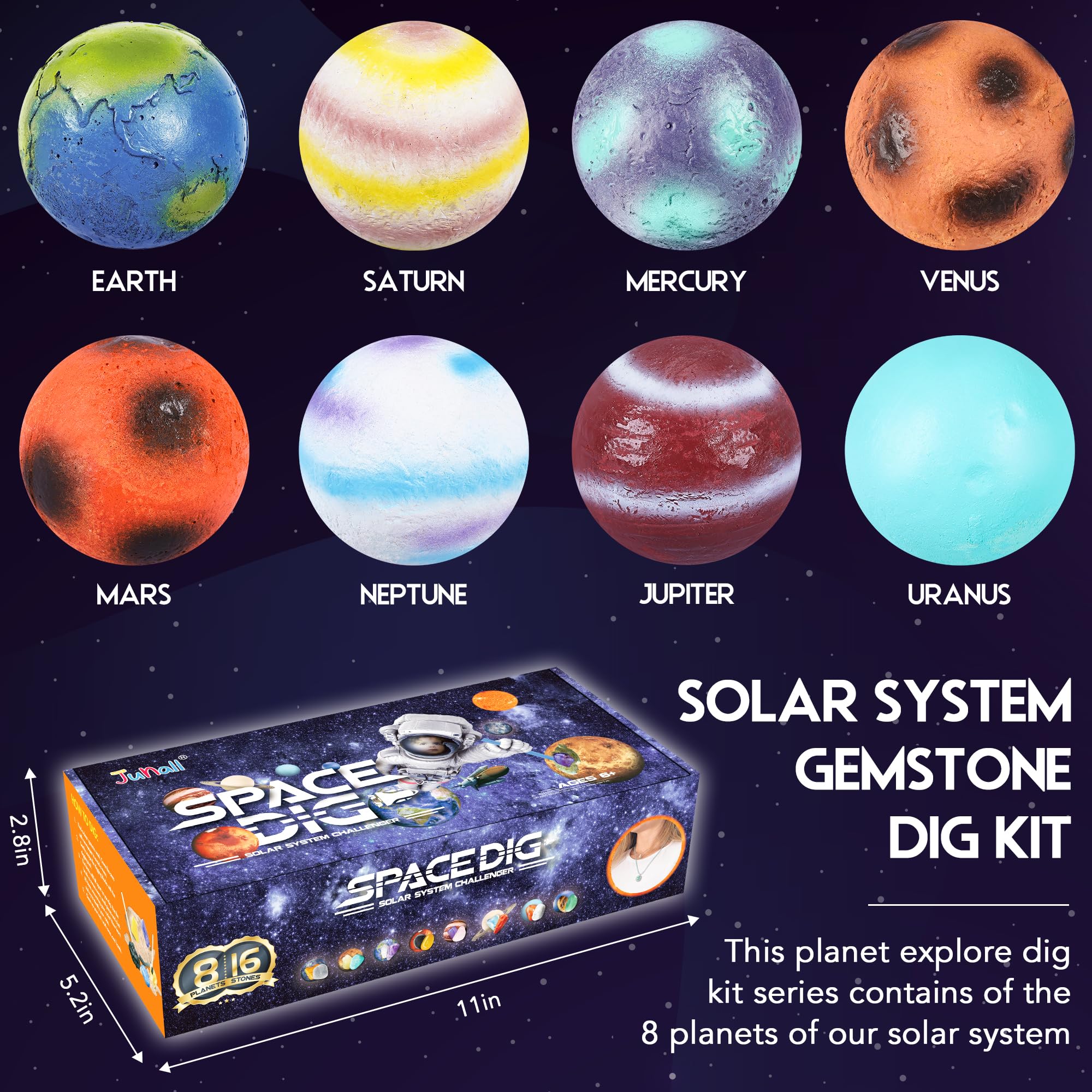 Gemstone Dig Kit, Easter Egg Space Toys for Kids, Dig up 8 Planets Find 16 Gems & Explore Solar System, Science STEM Activities - Educational Gifts for Boys Girls Age 5 6 7 8 9 10+Year Old