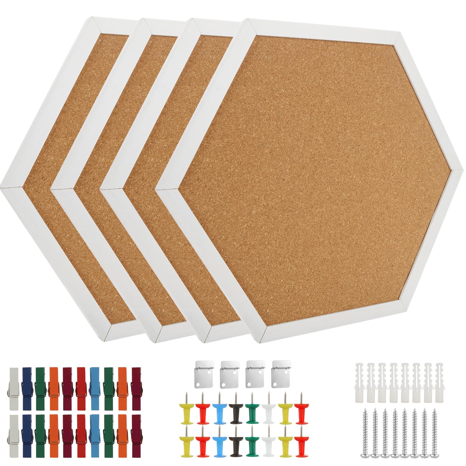 DAJAVE 4 Pack Cork Bulletin Board Hexagon, White Small Framed Corkboard Tiles for Wall,Thick Decorative Display Boards for Home, Office Decor, School Message Board with 20 Wood Clips