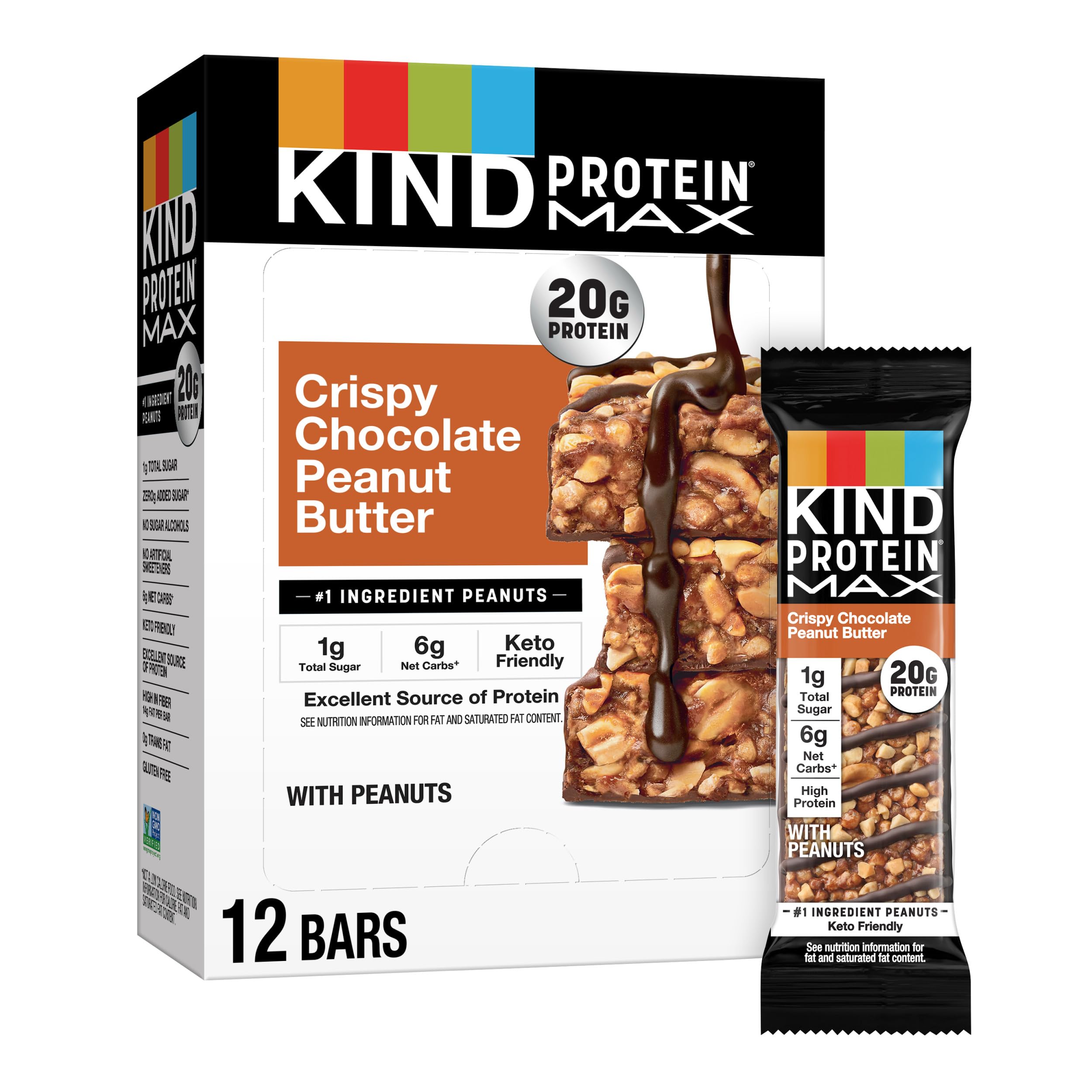 KIND Protein MAX Crispy Chocolate Peanut Butter Snack Bars, 20g of Protein, Keto Friendly, 1g of Sugar Per Bar, Gluten Free, 12 Count Box