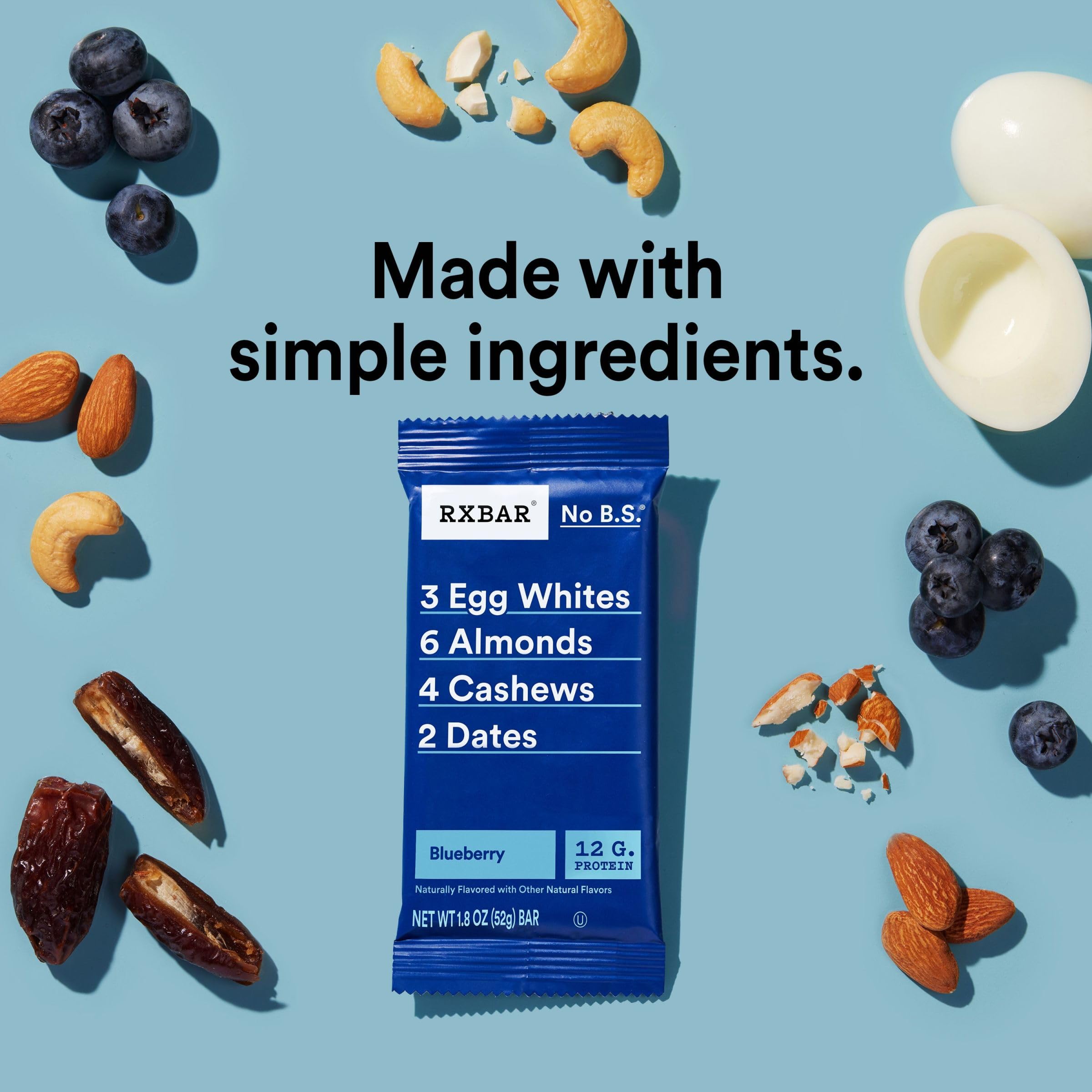 RXBAR Protein Bars, Protein Snack, Snack Bars, Blueberry, 22Oz Box (12 Bars)