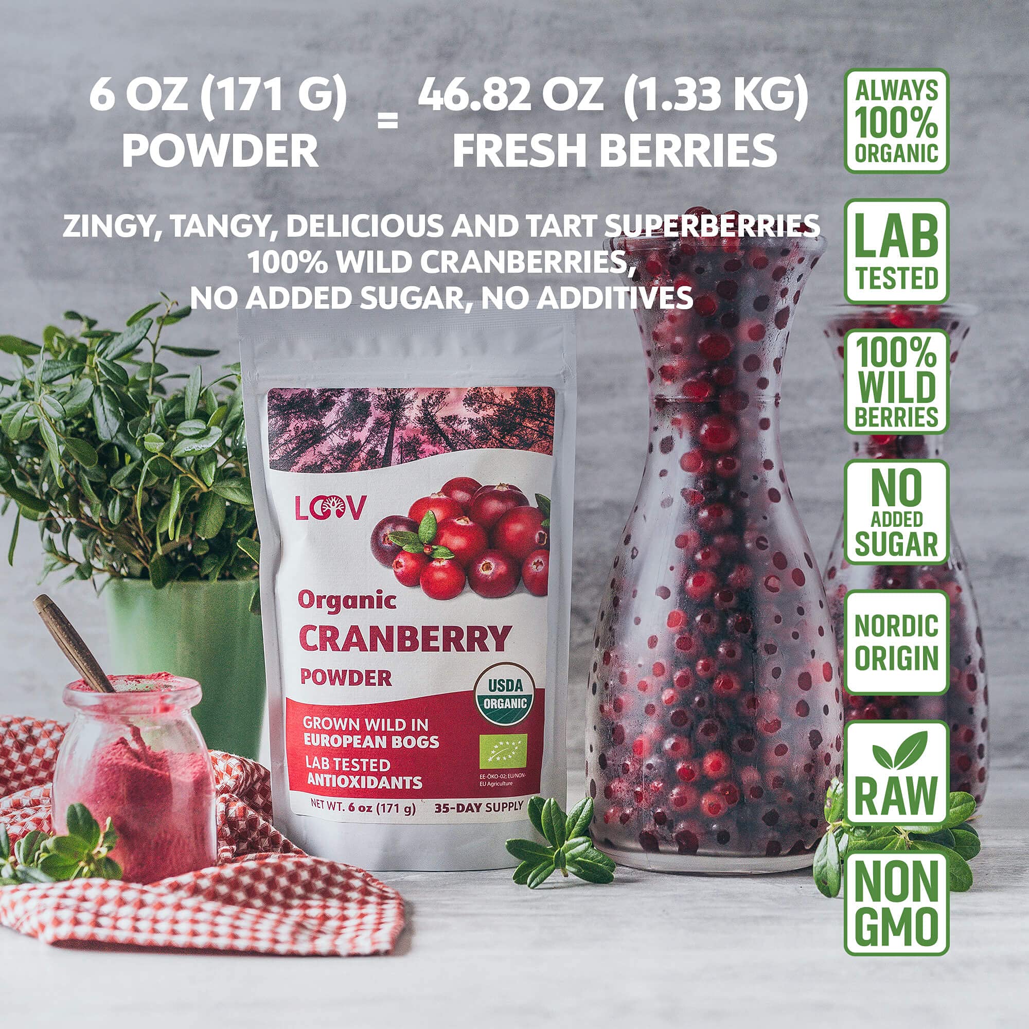 Wild Organic Freeze Dried Cranberry Powder, 6 Oz, 35-Day Supply, from Nordic Forests, No Added Sugar