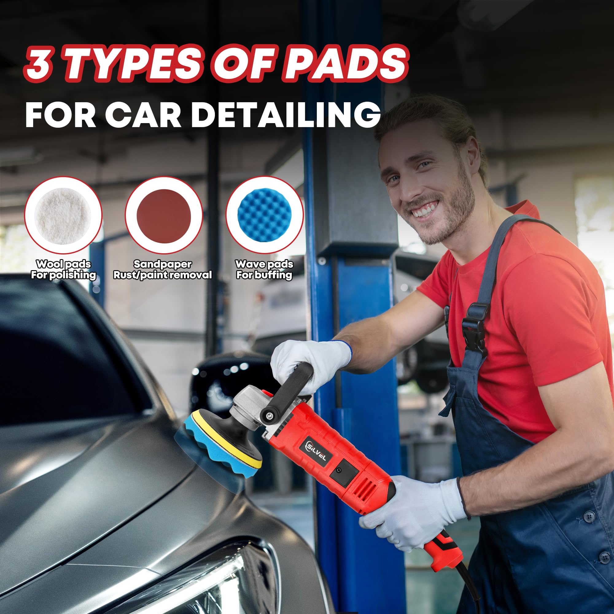 SILVEL Buffer Polisher, 1600W 7 Inch/6 Inch Polisher for Car Detailing, Wax Machine, 7 Variable Speed, with 6 Foam Pads, 3 Wool Pads, Packaging Bag, for Boat Polishing and Waxing