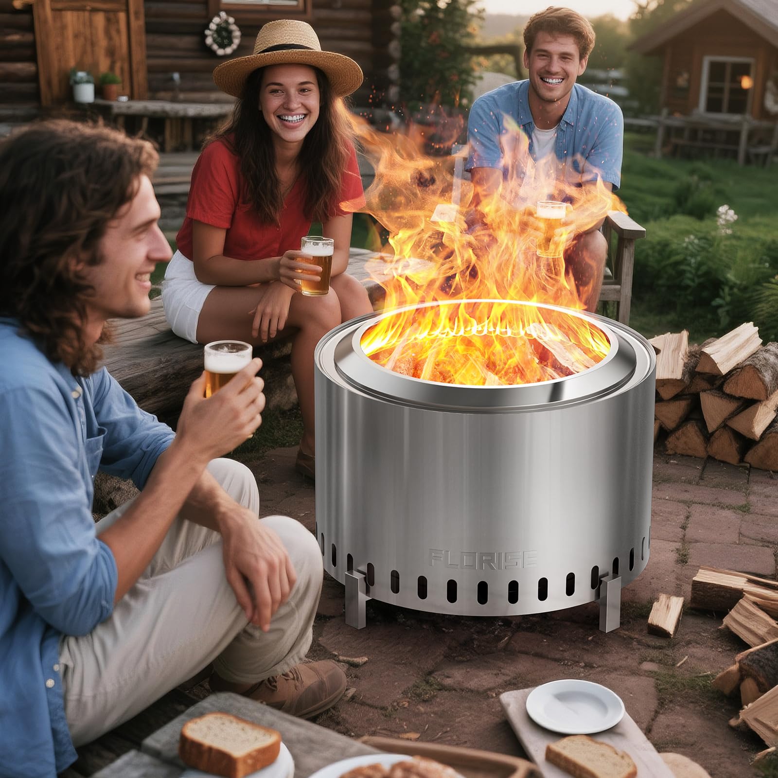 Florise 27 Inch Smokeless Fire Pit, Outdoor Portable Firepit with Waterproof Cover & Poker, Stainless Steel Wood Burning Fireplace for Outside,Patio, Camping, Bonfire, Silver