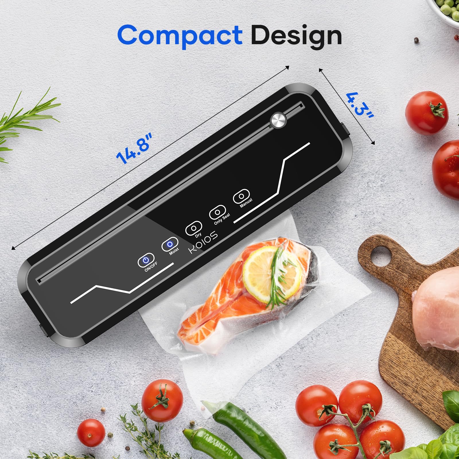 KOIOS Vacuum Sealer Machine, Food Vacuum Saver Automatic Air Sealing 80Kpa with Starter Kits | 15 Bags, Build-in Cutter, Moist&Dry Mode and External VAC for Jars and Containers(Black)