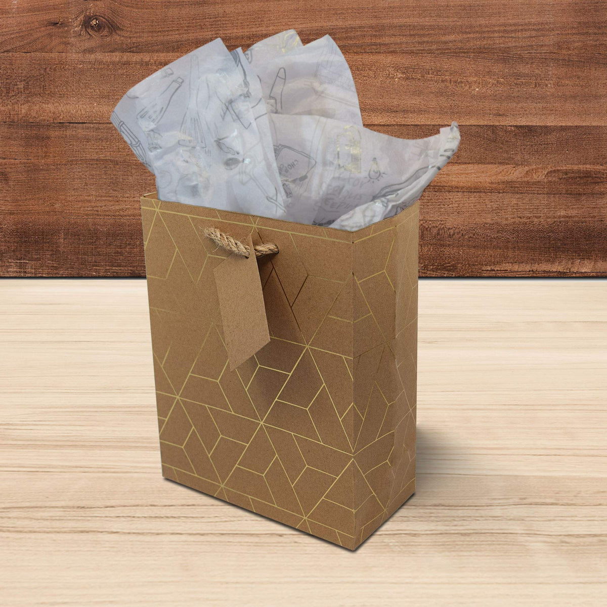 OccasionALL Gold Brown Gift Bags 12 Pack 7.5x3.5x9 Medium Geometric Print Kraft Paper Bags with Handles for Christmas, Holidays, Weddings, Birthdays, Bulk Shopping