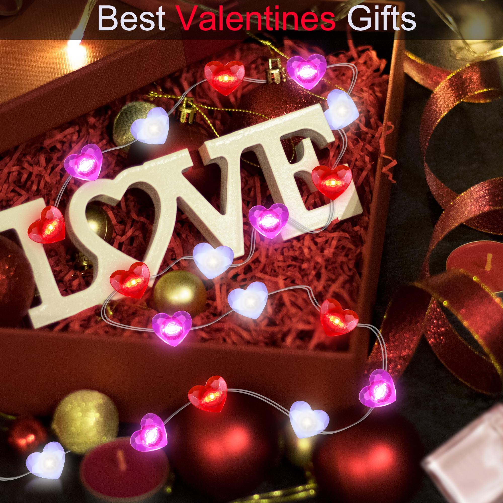 Valentines Day Decor 10FT 30 LED Valentine's Day Lights with Timer, Red Pink White Heart Lights String Battery Operated, 8 Modes Valentines Decorations Heart Fairy Lights Romantic Decor Home Bedroom