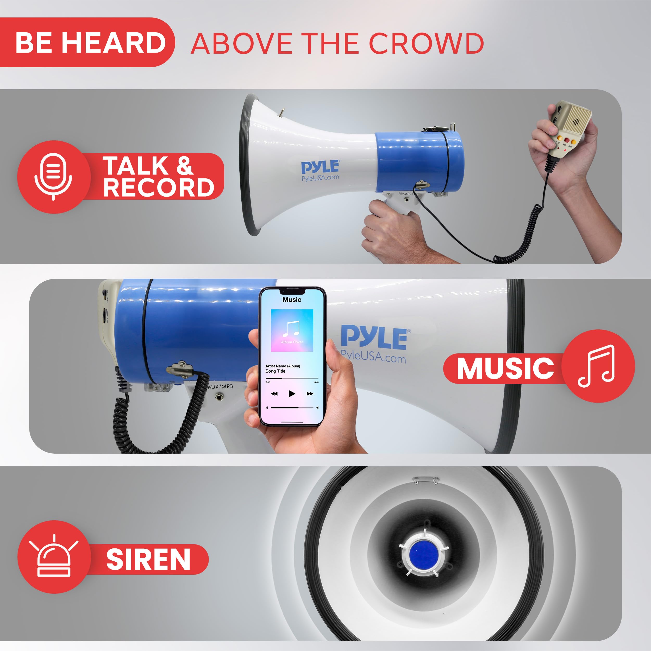 Pyle Megaphone PA Bullhorn Speaker - Built-in Siren 50 Watts Rechargeable Battery- 10 Sec Record Function for Football Baseball Basketball Cheerleading Fans Coaches or for Safety Drills - (PMP59IR)