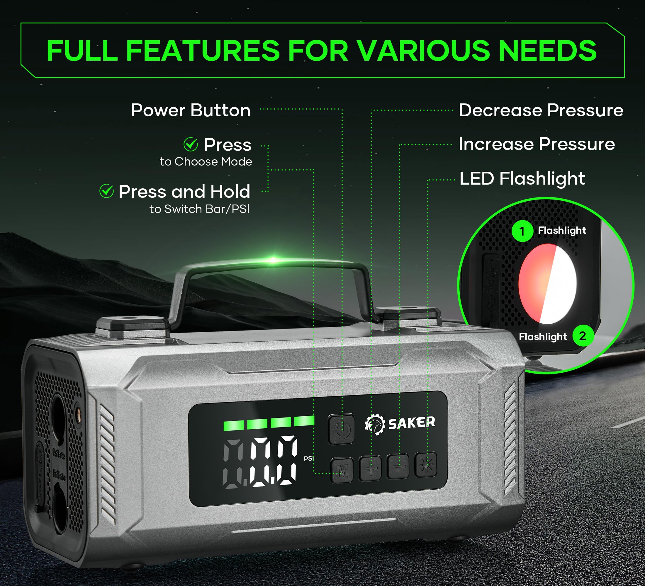Saker Jump Starters - Tire Inflator Portable Air Compressor|Car Battery Charger|1500A Jump Starter Battery Pack|10400mah Portable 15V Jump Box with LED Light|Automotive Emergency Kits for Vehicles