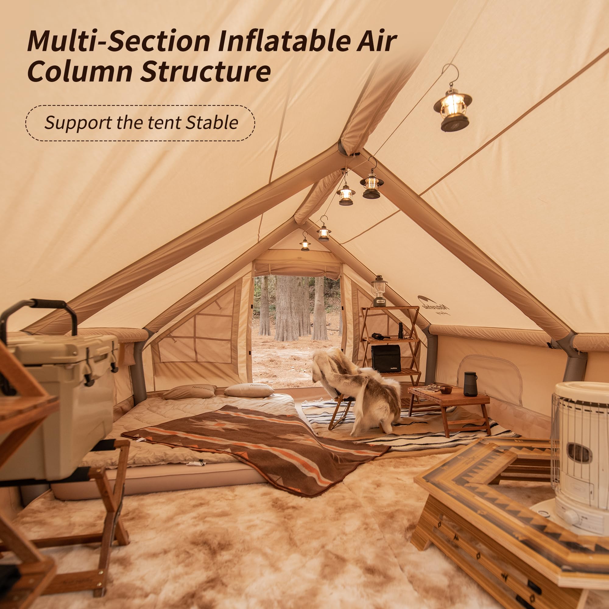 Naturehike Inflatable Tent House for Camping, Breathable Cotton Glamping Tent with Pump, Large Room 4 Season Tent for 4 Person, 4-8 Person Canvas Tent for Camping
