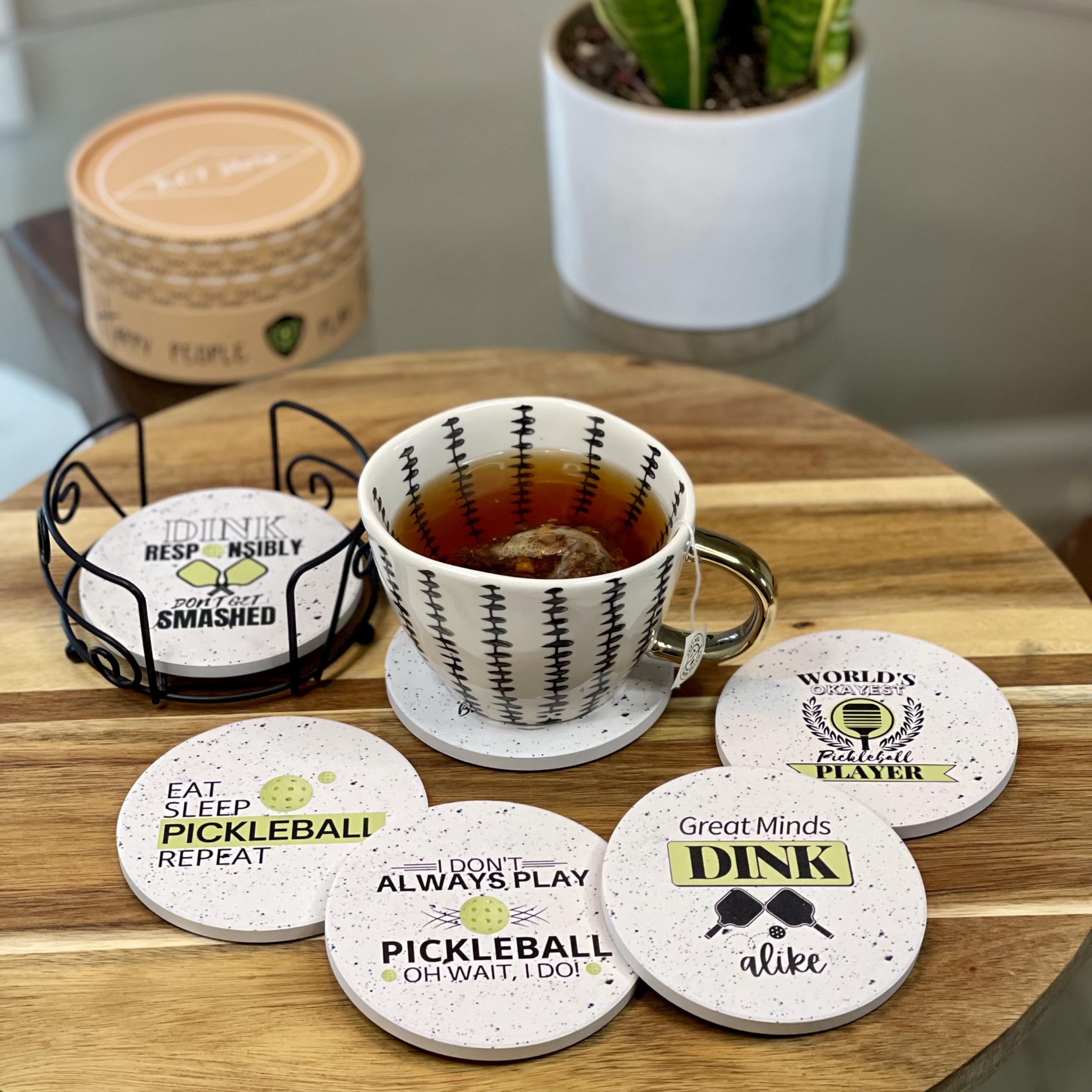 KCT Store Pickleball Gifts for Women and Men - Appreciation Gifts - Absorbent Ceramic Coasters 6pc - Metal Holder & Cylinder Kraft Gift Box Included