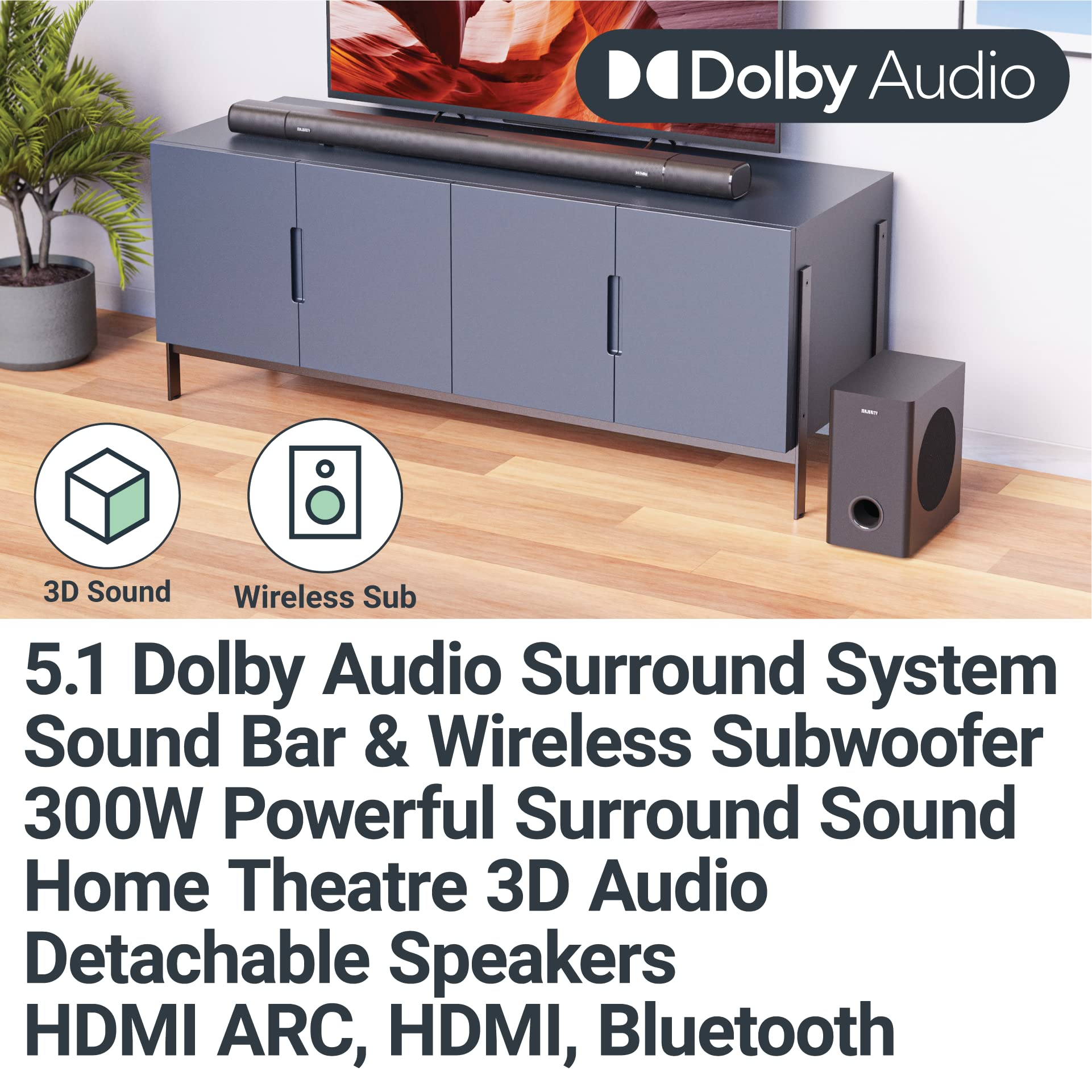 Majority Everest 5.1 Dolby Audio Surround Sound System with Sound Bar | Wireless Subwoofer I 300W, Home Theatre 3D Audio with Detachable Speakers | HDMI ARC, HDMI, Bluetooth