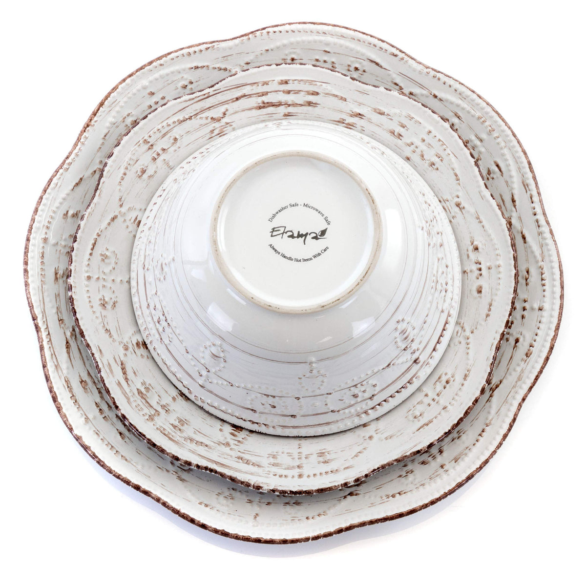 Elama Rustic Birch 16 Piece Embossed Scalloped Stoneware Round Dinnerware Set in White with Brown Accents