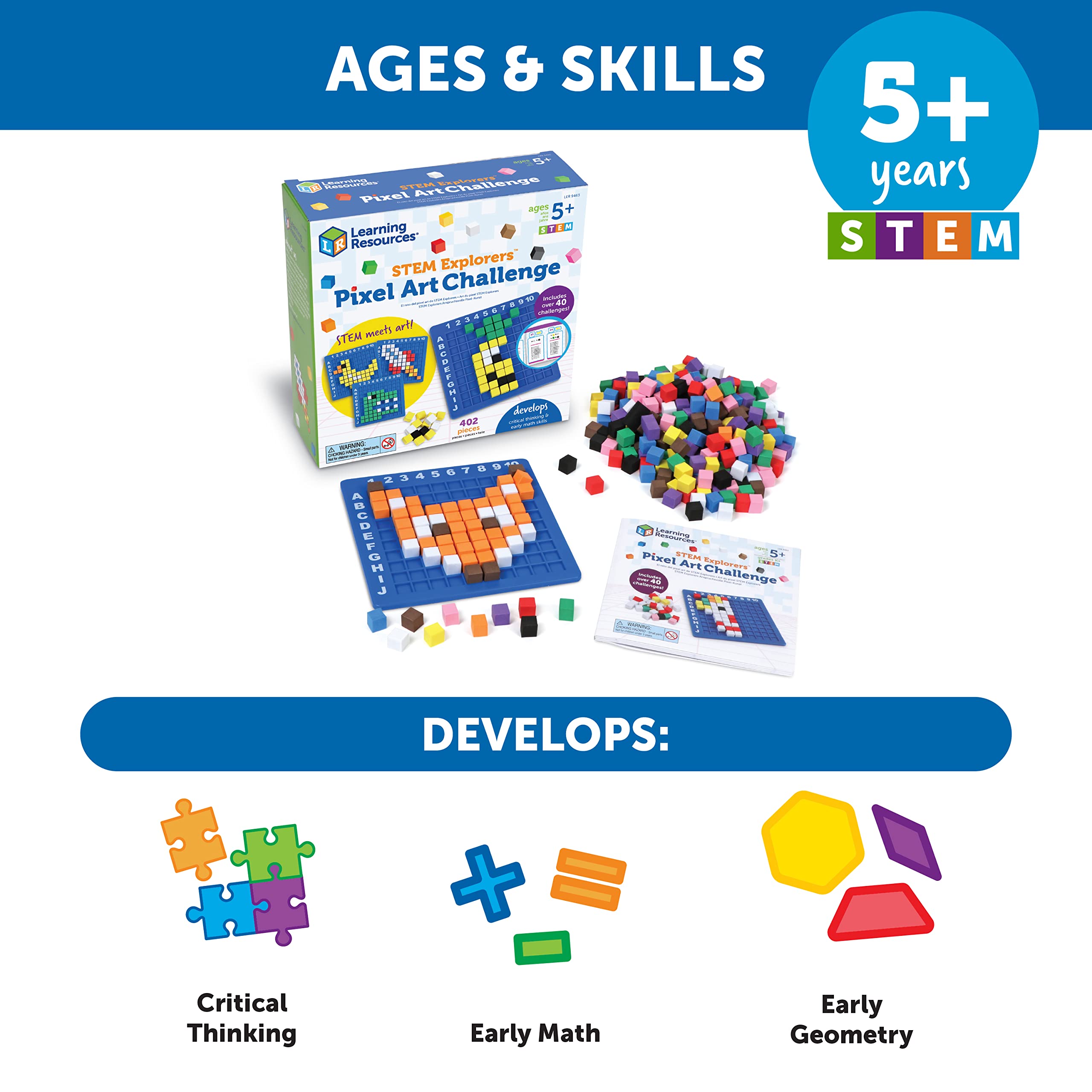 Learning Resources STEM Explorers Pixel Art Challenge, 402 Pieces, Ages 5+, STEM Toys For Kids, Coding Basics For Kids, STEM Activities For Classroom, Medium