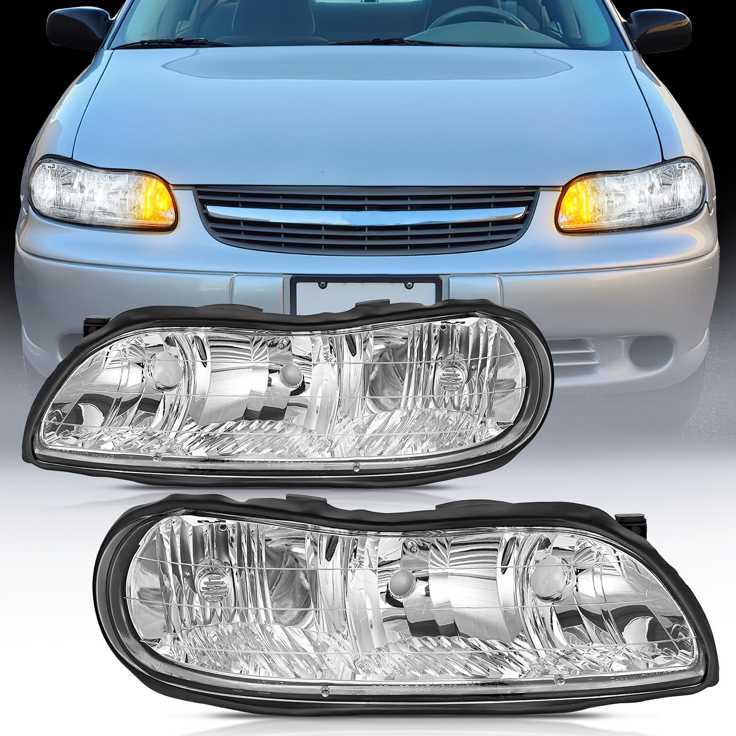 Nilight Headlight Assembly for 1997 1998 1999 2000 2001 2002 2003 Chevy Malibu 2004 2005 Chevy Classic 1997-1999 Oldsmobile Cutlass Replacement Headlamp Chrome Housing Clear Reflector