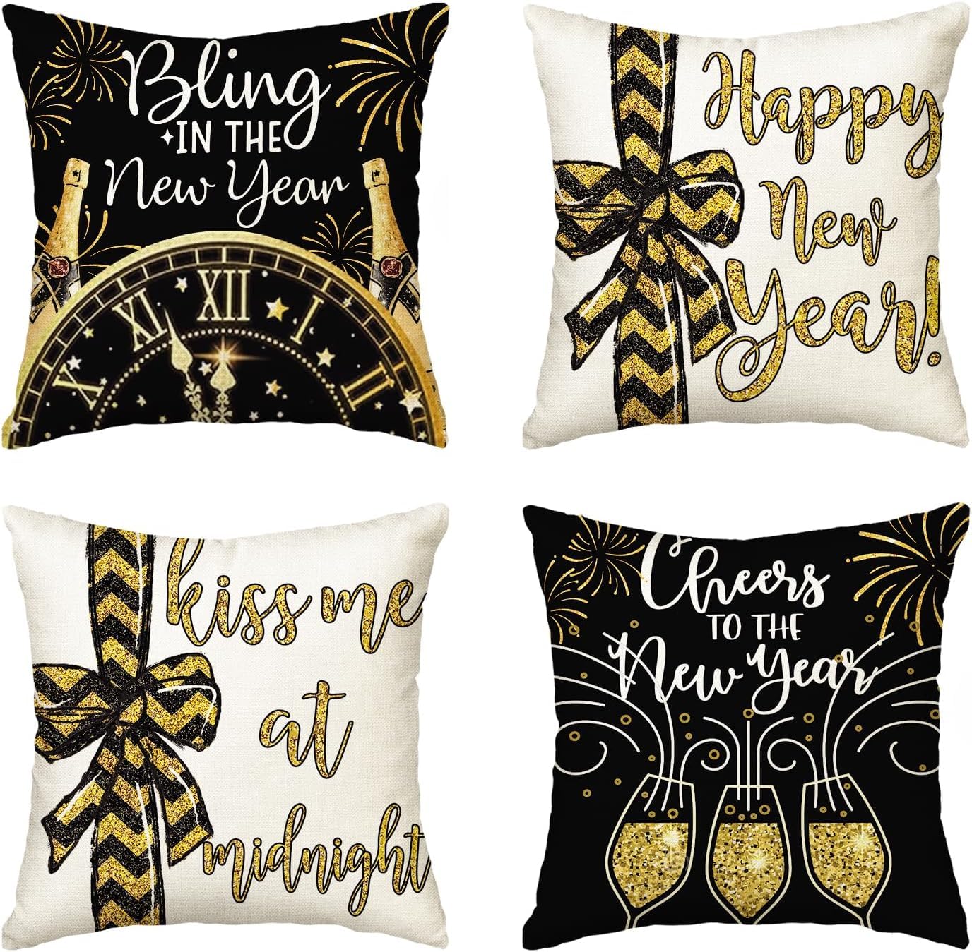 AVOIN colorlife Happy New Year Cheers at The New Year Throw Pillow Covers, 18 x 18 Inch Winter Holiday Celebrate Party Cushion Case Decoration for Sofa Couch Set of 4